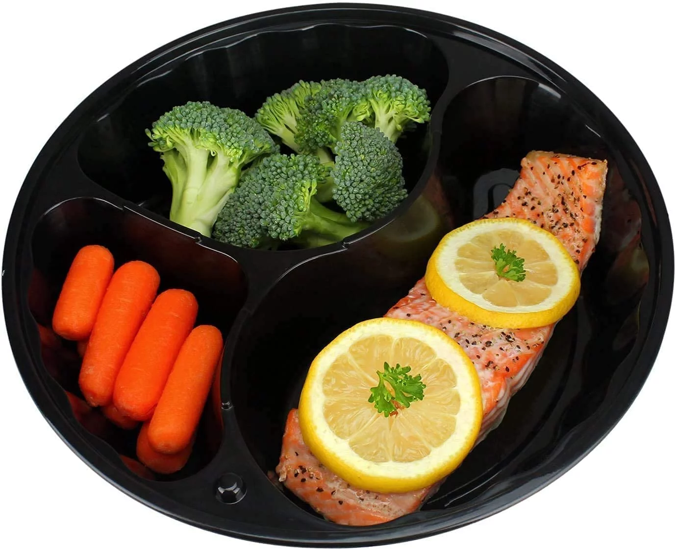 VeZee 48 oz. Black Round 3 Compartments Plastic Meal Prep Containers with Clear Dome Lids| Bento Box, BPA Free, Stackable, Microwave/Dishwasher/Freezer Safe|10CT