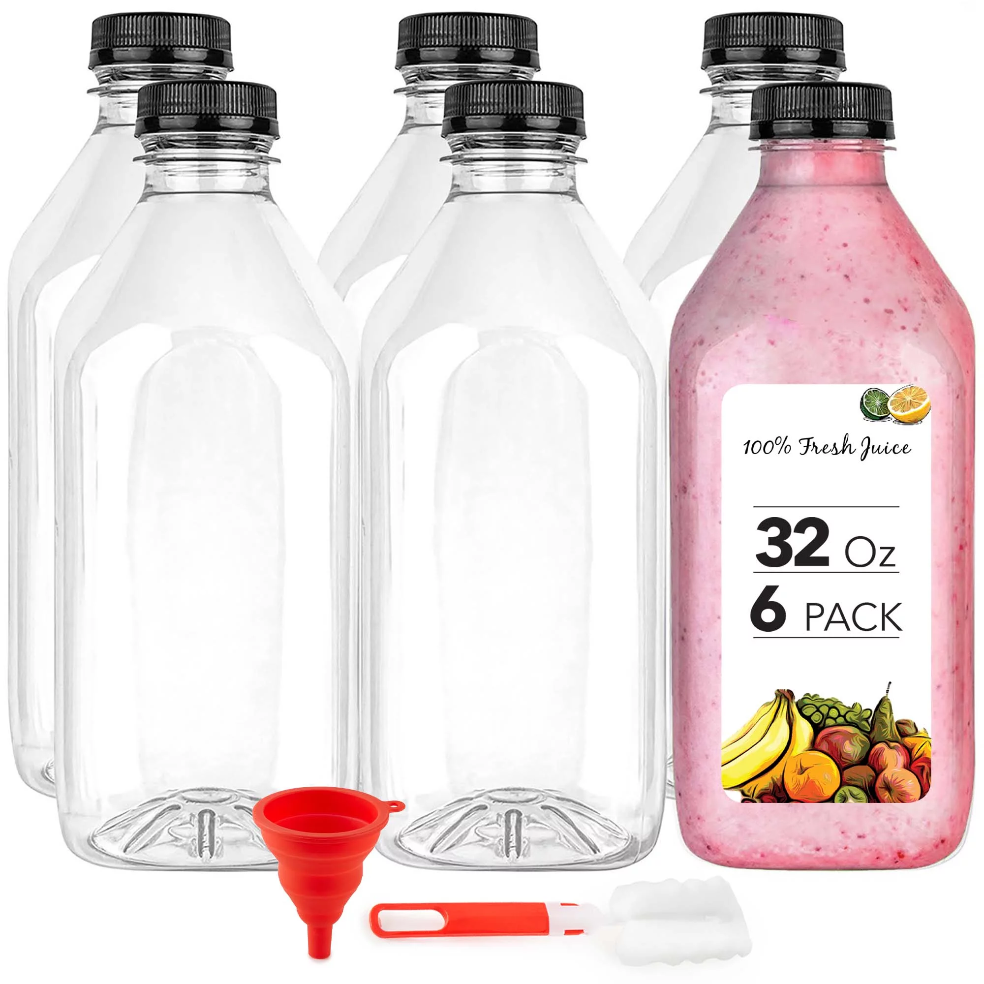 Stock Your Home 32oz 6 Pack Reusable Plastic Juice Bottles with Caps, Clear Smoothie Drink Container