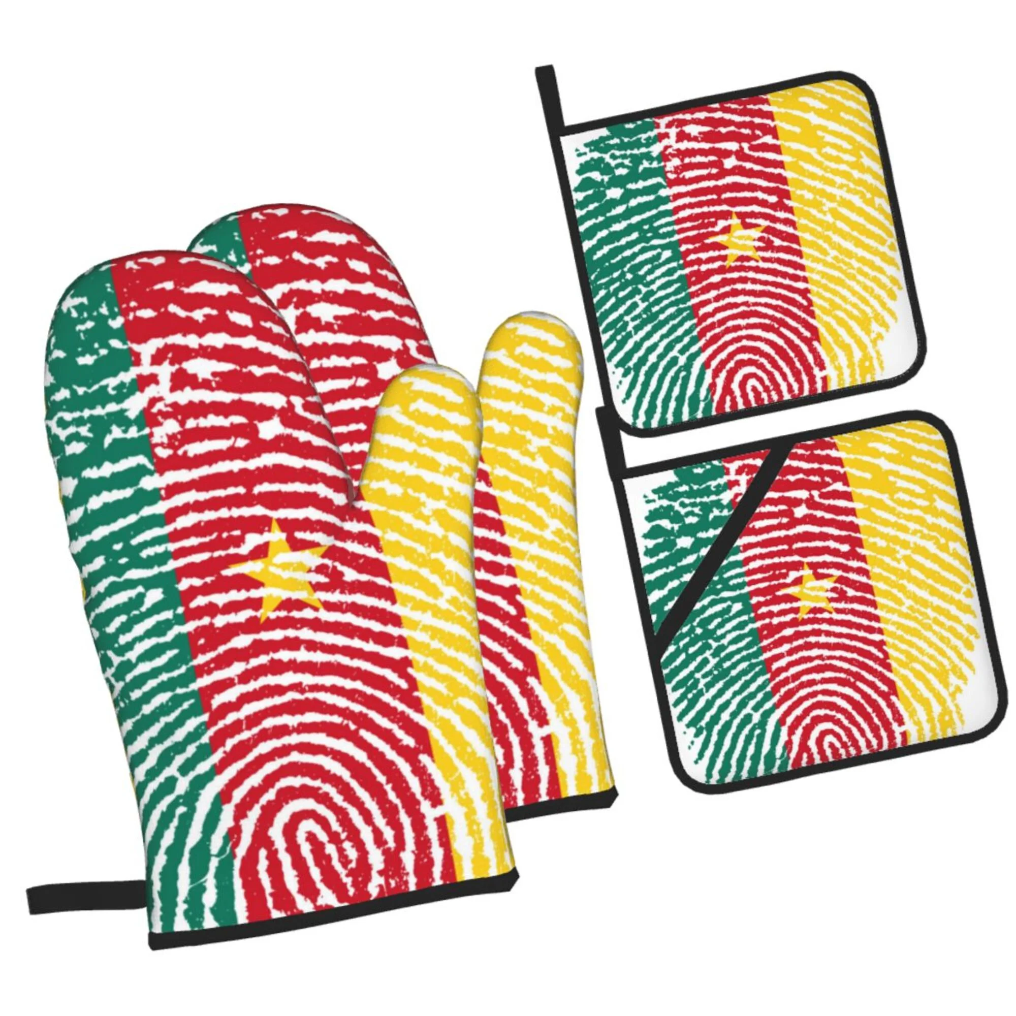 Cameroon Flag Oven Mitts And Pot Holders Sets Baking Sets For Kitchen Bbq Gloves Heat Resistant Cooking Fingerprint Country Pride 4 Pcs