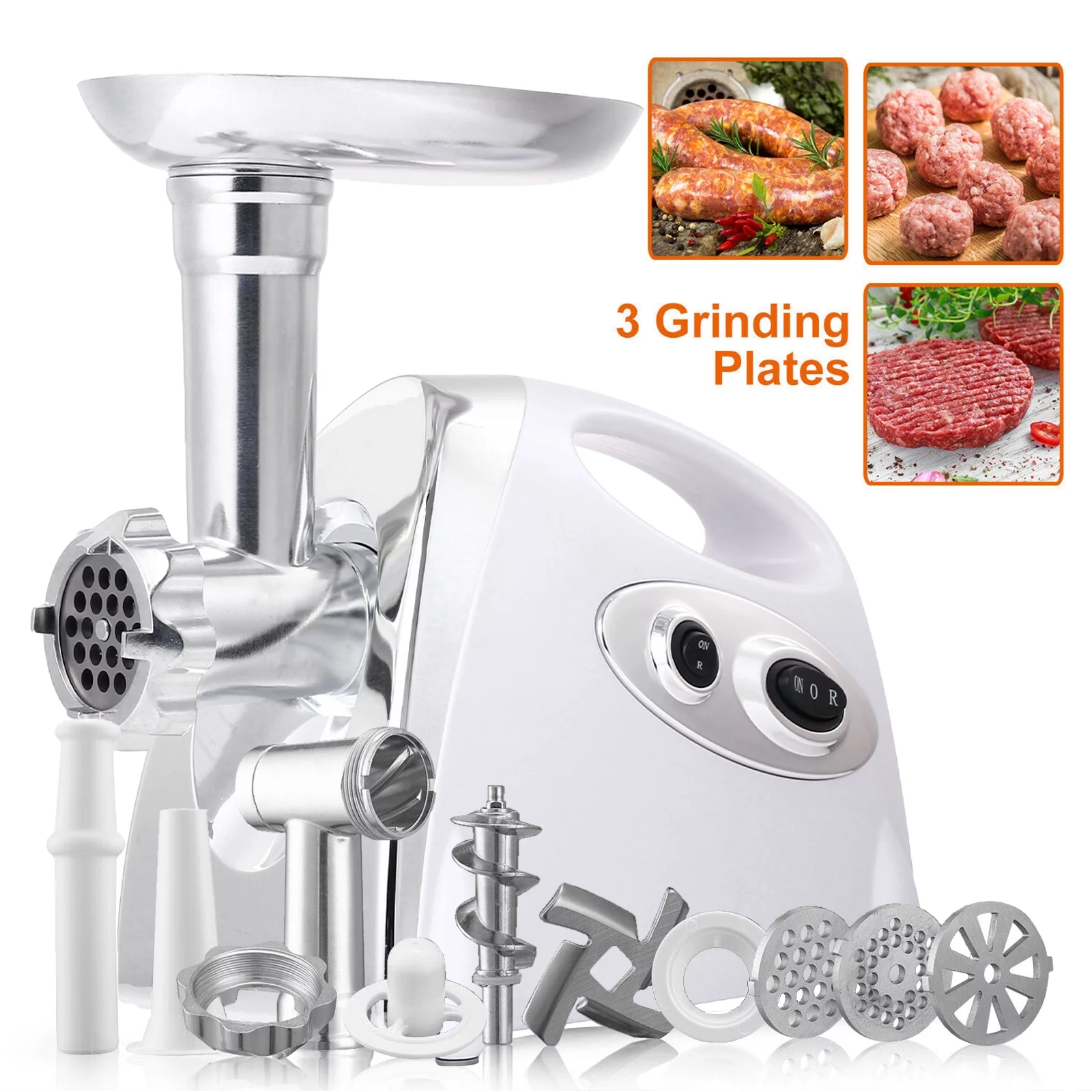 SUGIFT 1200W Electric Meat Grinder with Sausage Kit & 3 Grinder Plates, White