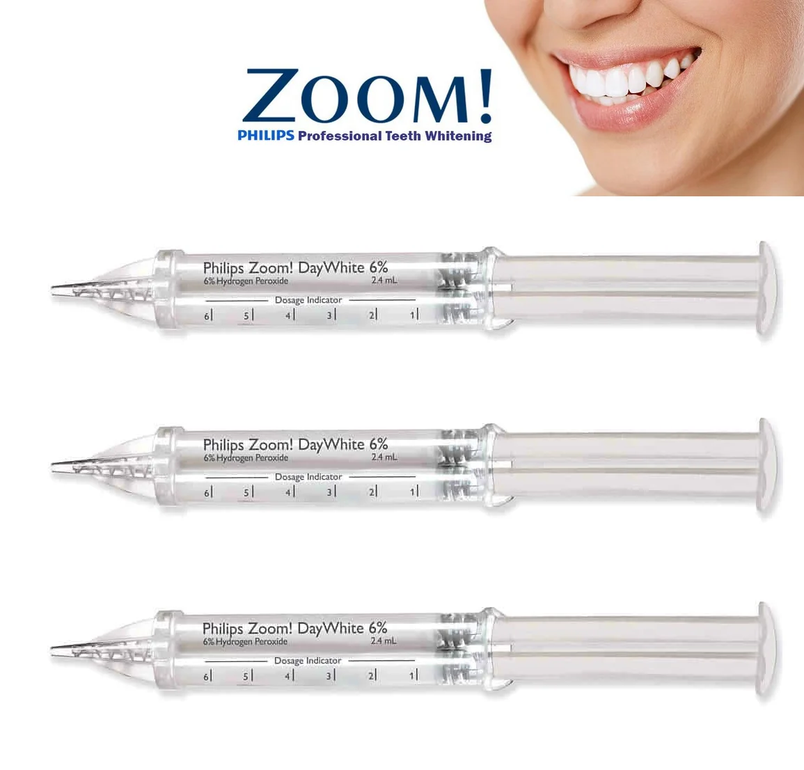 Philips Zoom! DayWhite 6% Hydrogen Peroxide + ACP Whitening Gel Syringe 0.8oz Pack of 3