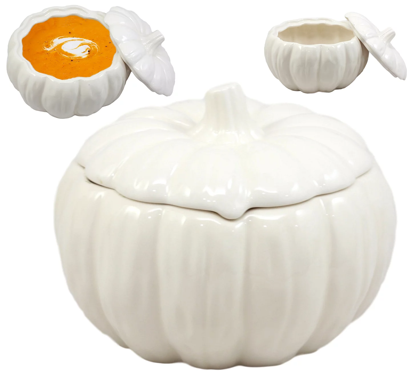 Ebros Ceramic Stoneware White Harvest Pumpkin Bowl With Lid 6