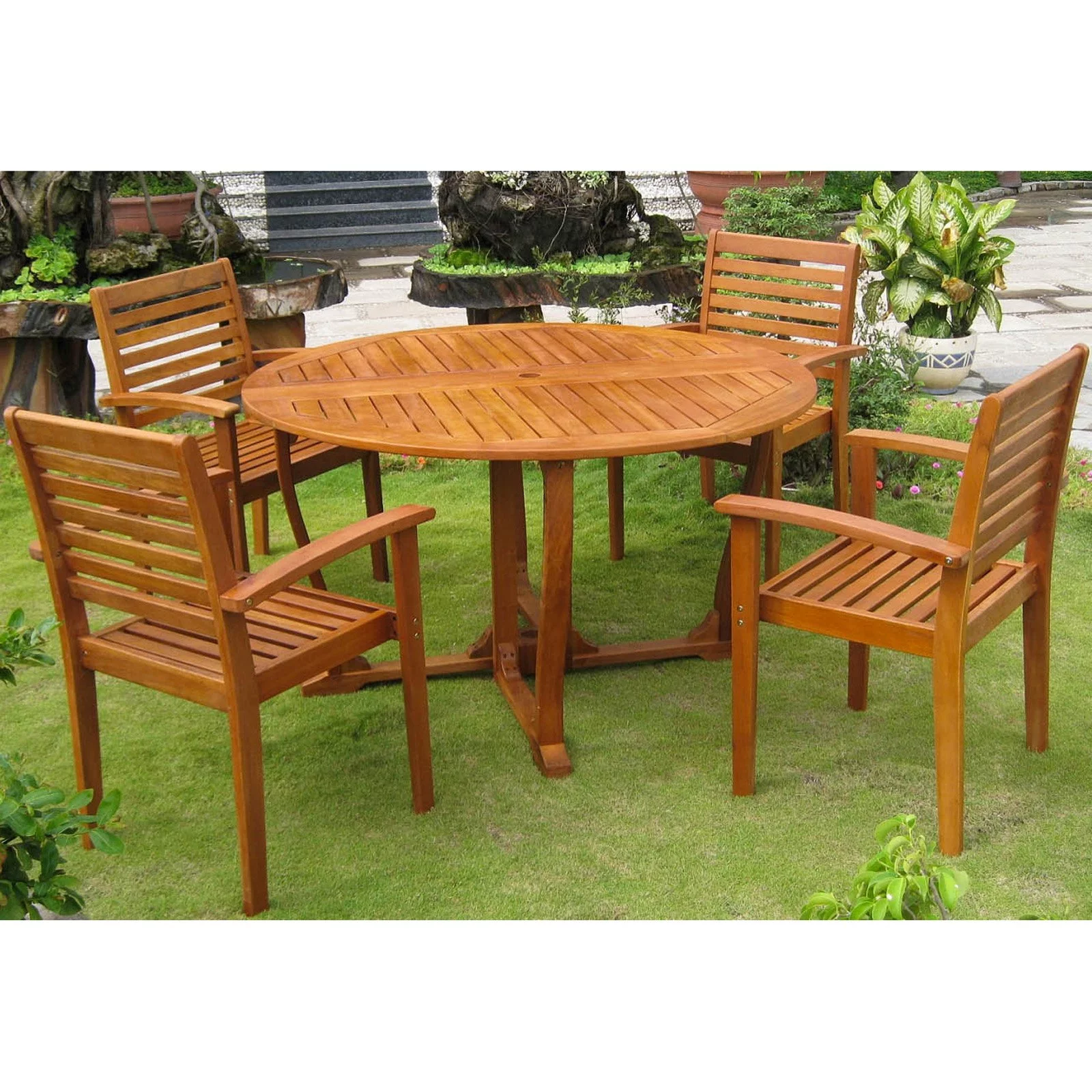 International Caravan Royal Tahiti Navata Round Dining Set-Color:Stain,Material:Balau Wood