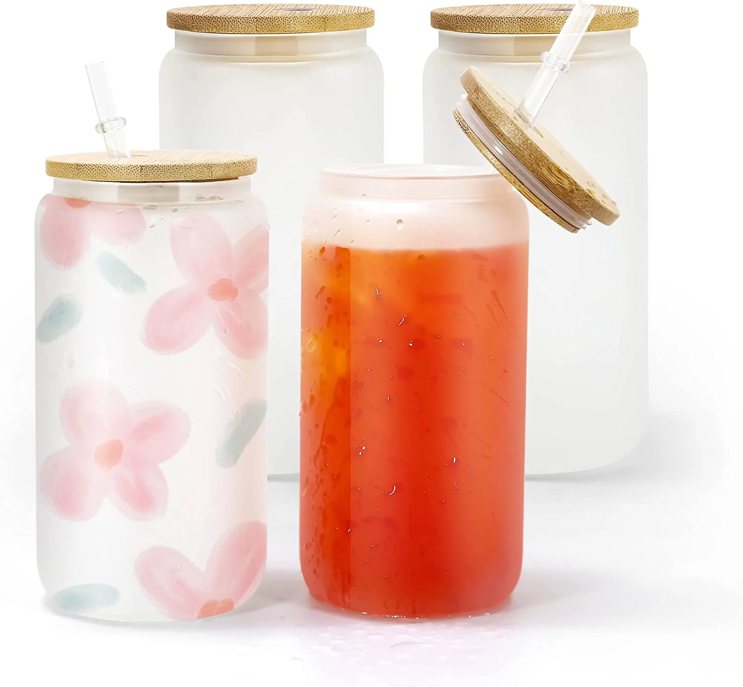 AGH 4 Pack Sublimation Tumblers 16oz Glass Straight Skinny Tumbler, Frosted Glass Cups Mason Jar Mug with Splash-proof Lid and Straw, Reusable Drinking Tumbler for Juice Coffee Milk