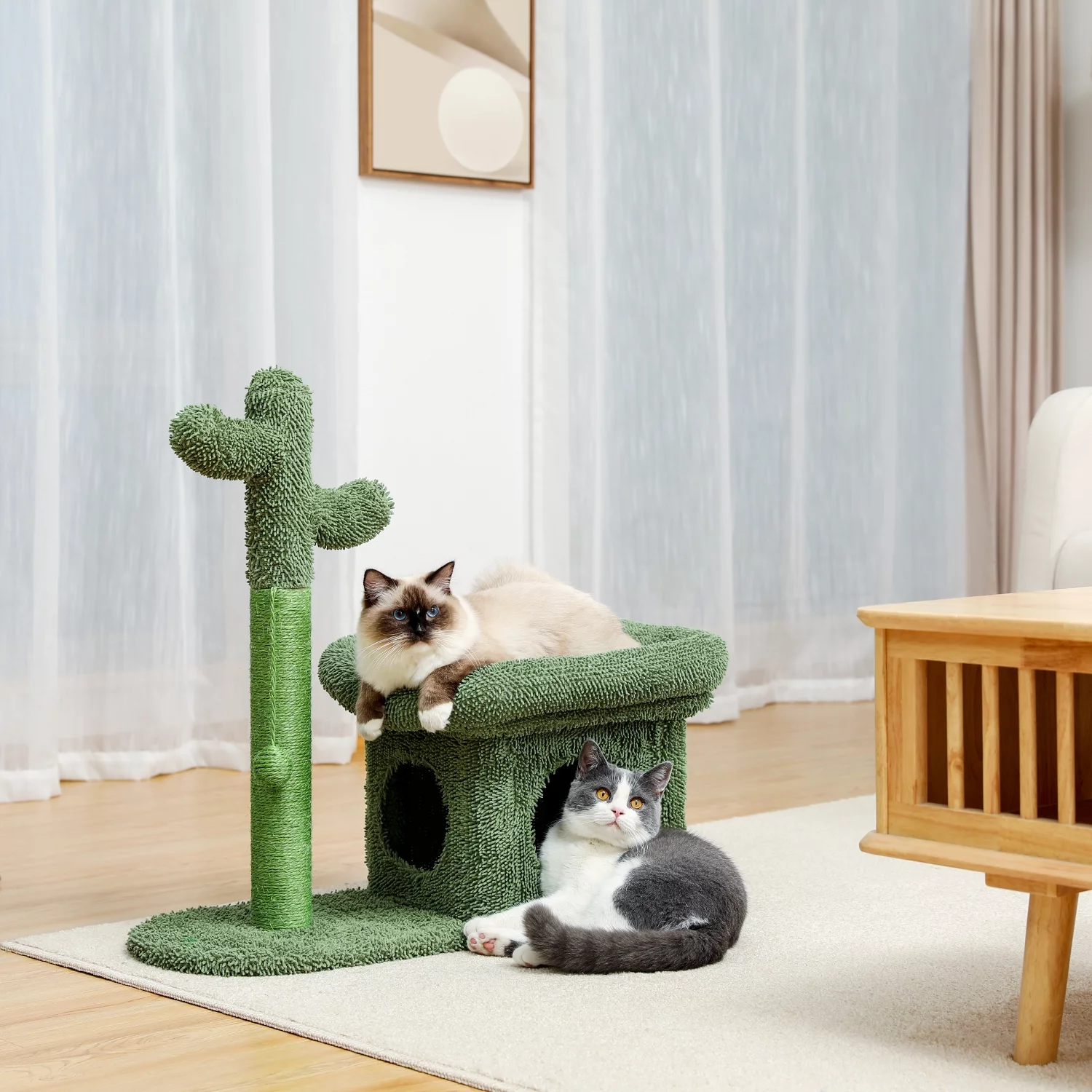 Cat Tree 27.6 inches with Cactus Scratching Posts, Creative Scratching Posts, Stylish Cat Tree, with Ball and Cat House Green