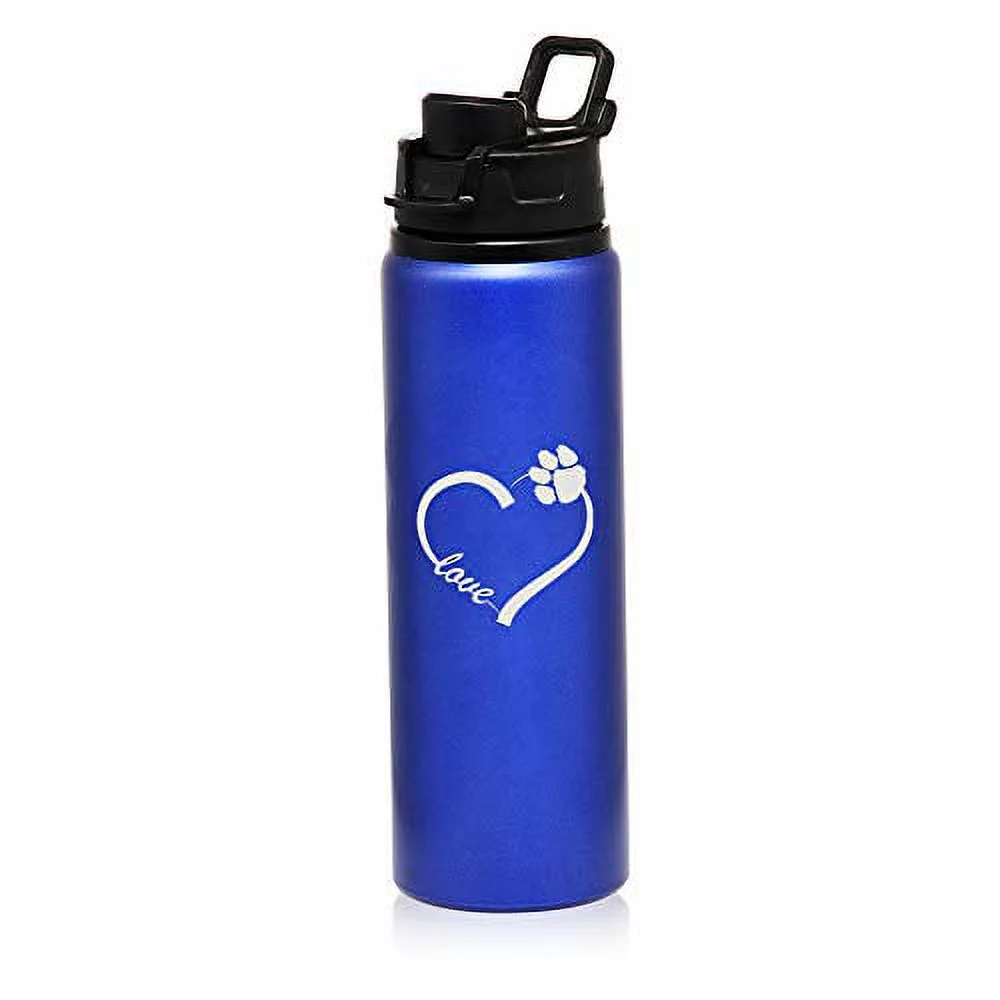 MIP Brand 25 oz Aluminum Sports Water Travel Bottle Love Heart Paw Animals (Blue)