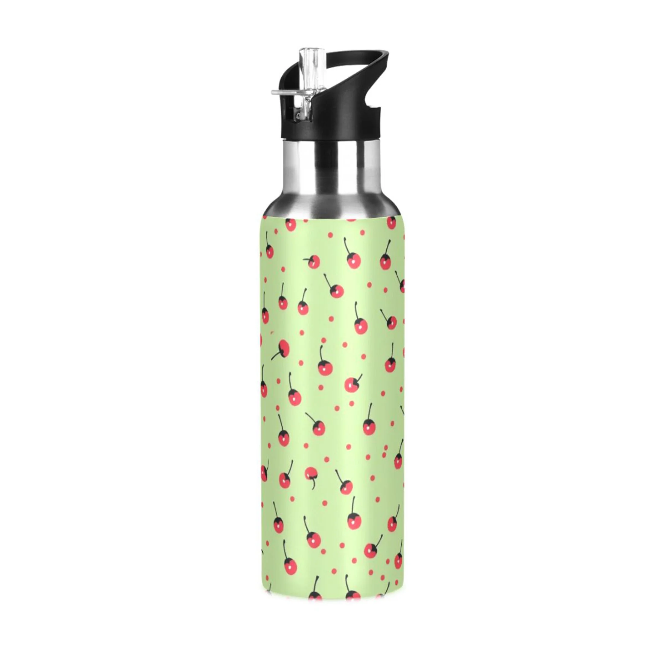 Cherry Fruits Water Bottles Insulated Thermos Kids Stainless Steel Bottle with Straw Lid Flask Leakproof for Sports Gym 20 oz