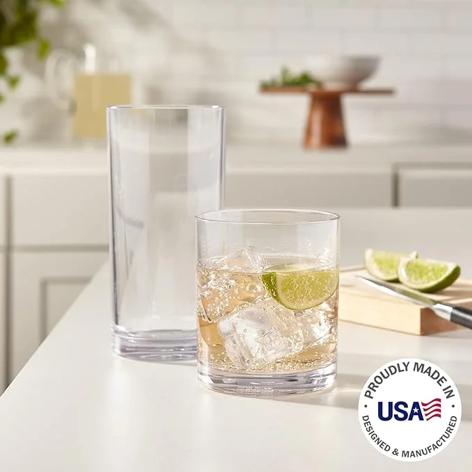 US Acrylic Classic Clear Plastic Reusable Drinking Glasses (Set of 8) 12oz Rocks & 16oz Water Cups , BPA-Free Tumblers, Made in USA , Top-Rack Dishwasher Safe