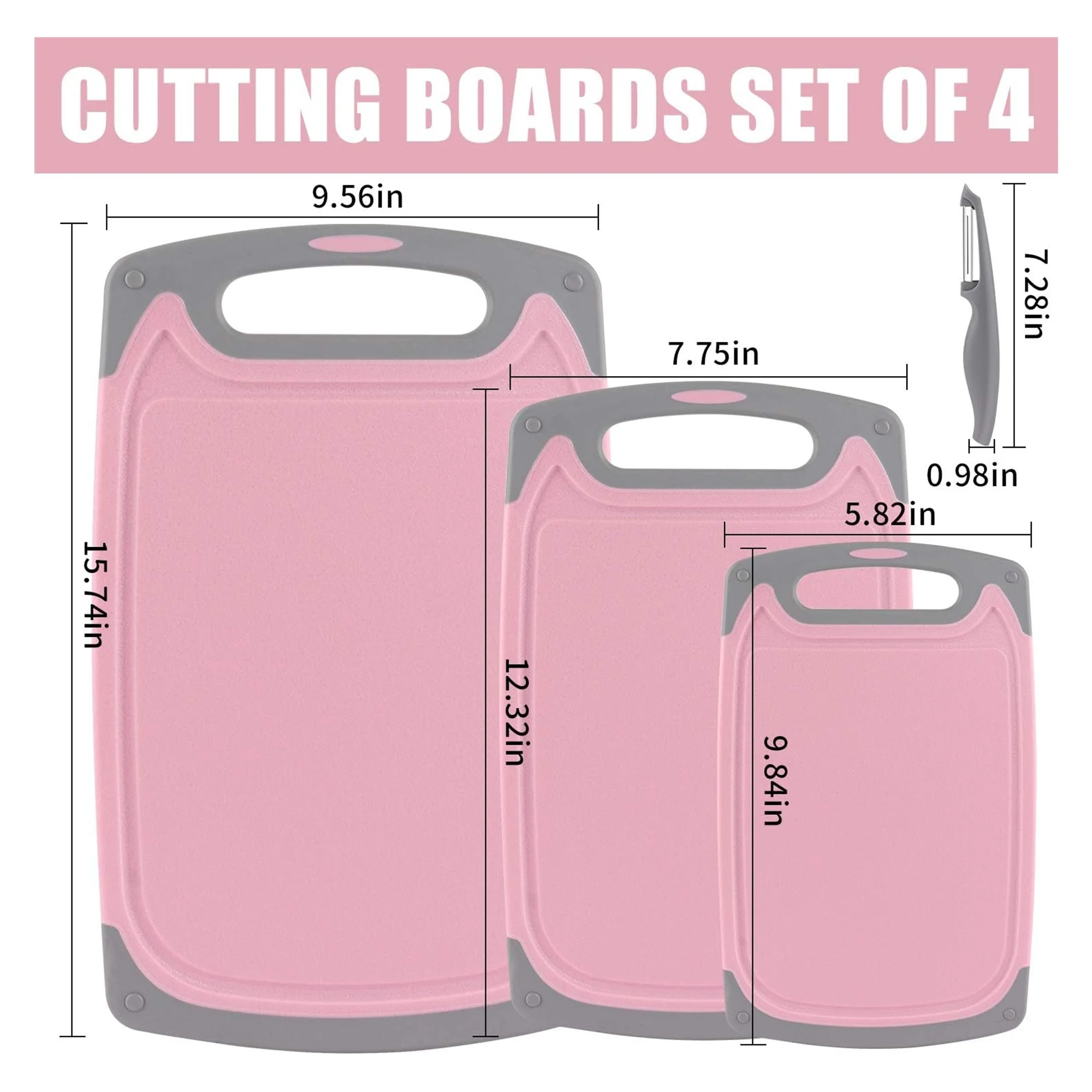Cutting Boards for Kitchen Plastic Chopping Board Set of 4 with Non-Slip feet Pink