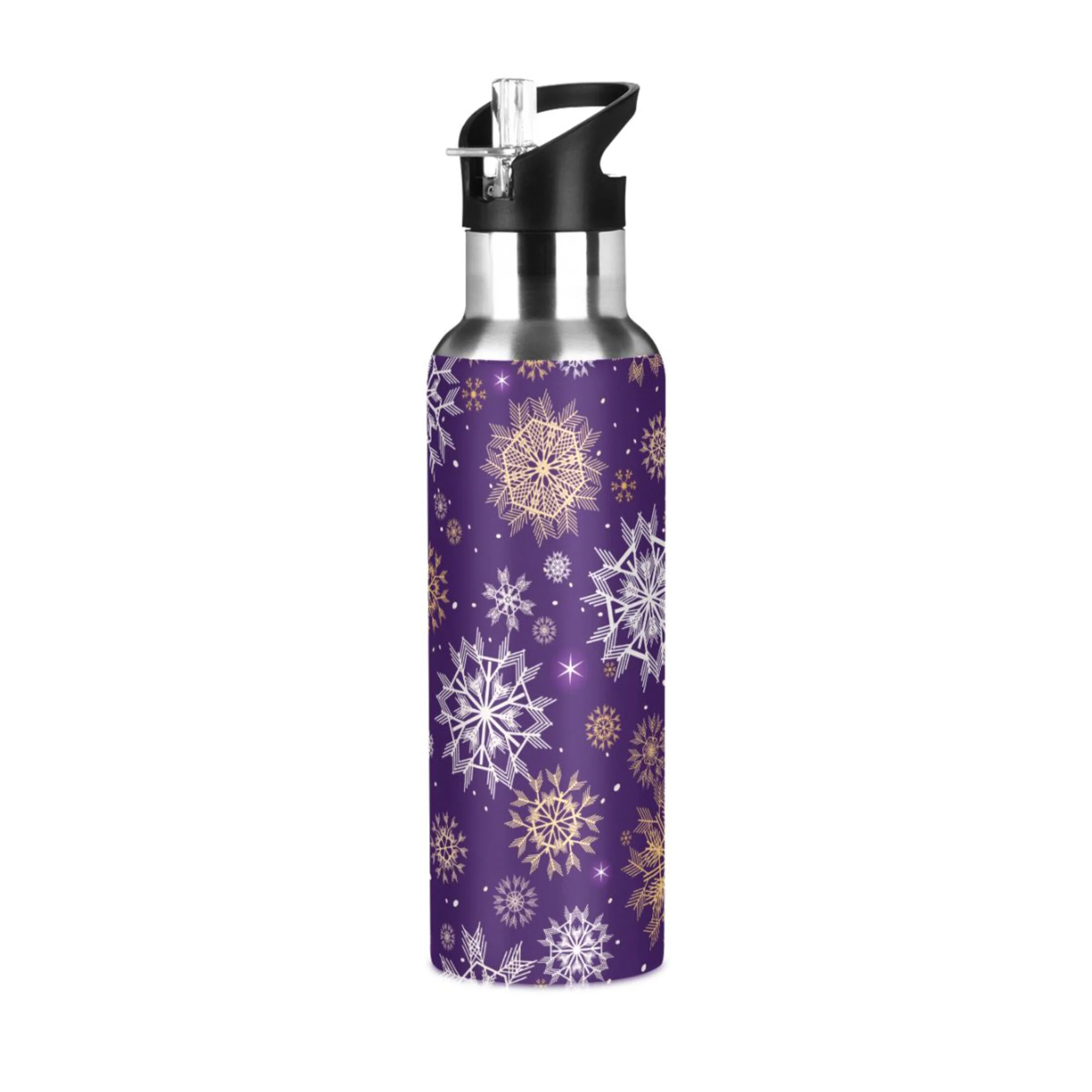 Water Bottle with Straw Lid Leak Christmas with Snowflakes on Violet Stainless Steel Insulated Thermos Vacuum Flask for Cold Hot Drinking for Sports Camping Gym Yoga