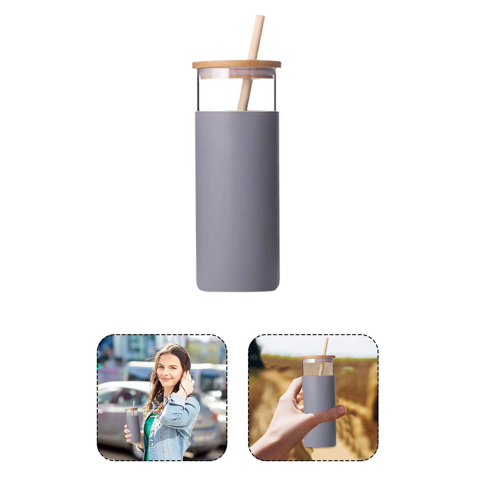 Wepro Creative Bamboo Cover Bamboo Straw Reusable Silicone Glass Straw Water Cup