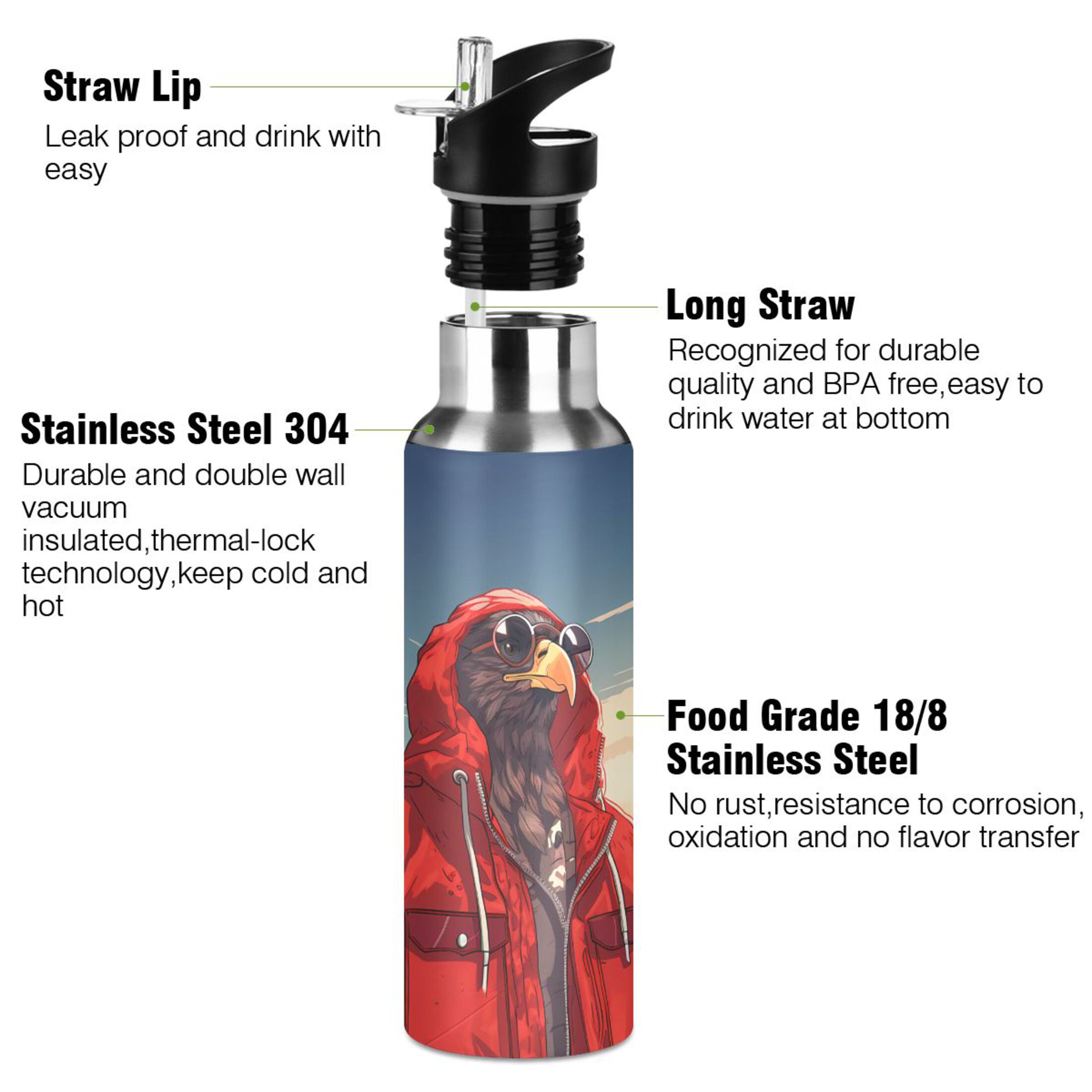 Cool Eagle Landscape Water Bottles Insulated Thermos Kids Stainless Steel Bottle with Straw Lid Flask Leakproof for Sports Gym 20 oz