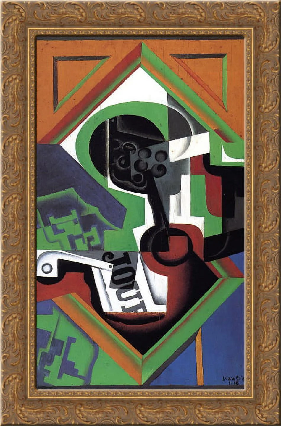 Pipe and Fruit Dish with Grapes 24x16 Gold Ornate Wood Framed Canvas Art by Juan Gris