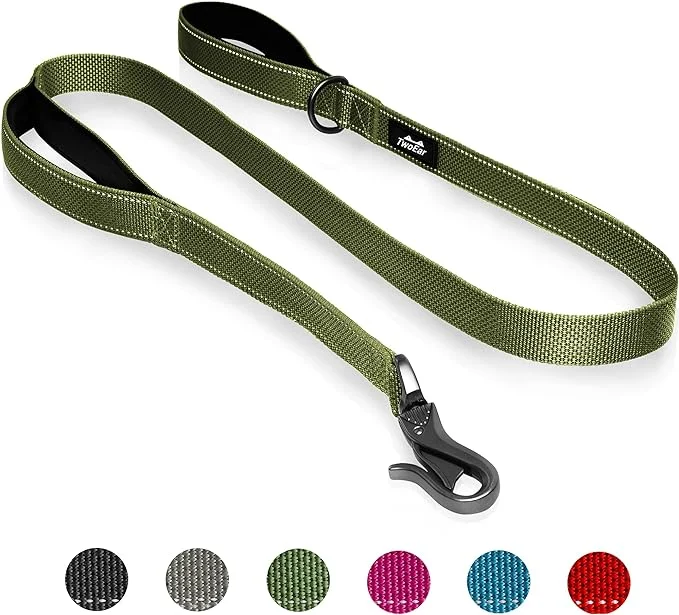 TwoEar 6FT 1IN Strong Green Dog Leash with 2 Padded Handles, Traffic Handle Extra Control, Comfortable Soft Dual Handle, Auto Lock Hook, Reflective Walking Lead for Small Medium and Large Dogs