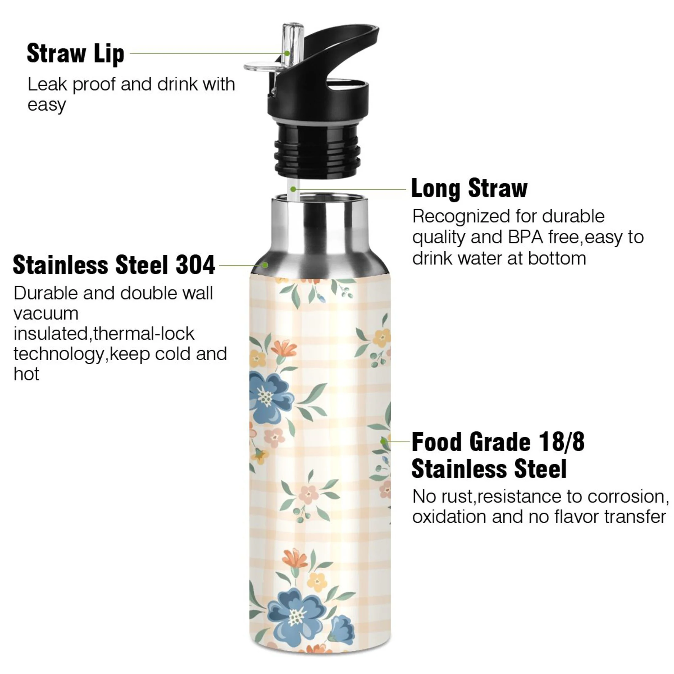 Water Bottle with Straw Lid Leak Floral and Plaid Stainless Steel Insulated Thermos Vacuum Flask for Cold Hot Drinking for Sports Camping Gym Yoga