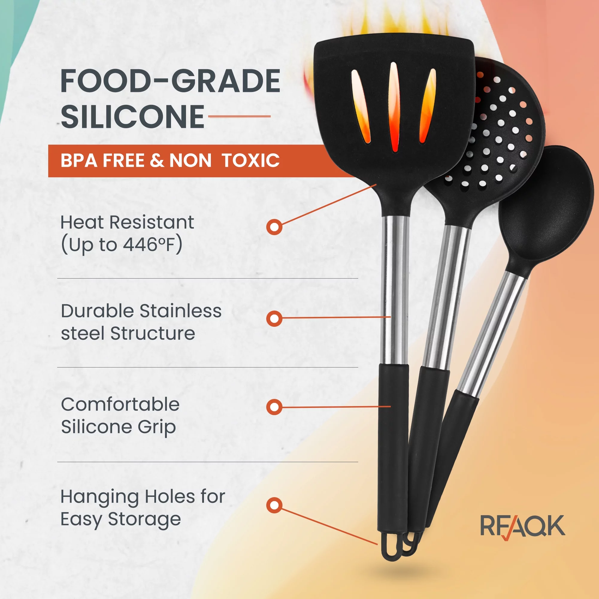 RFAQK Silicone Kitchen Cooking Utensil Set With Holder, 40PCs Heat Resistant Set for Nonstick Cookware, Kitchen Gadgets includes Can Opener, Potato Masher & Peeler, Tongs,spatulas,Pizza cutter & More