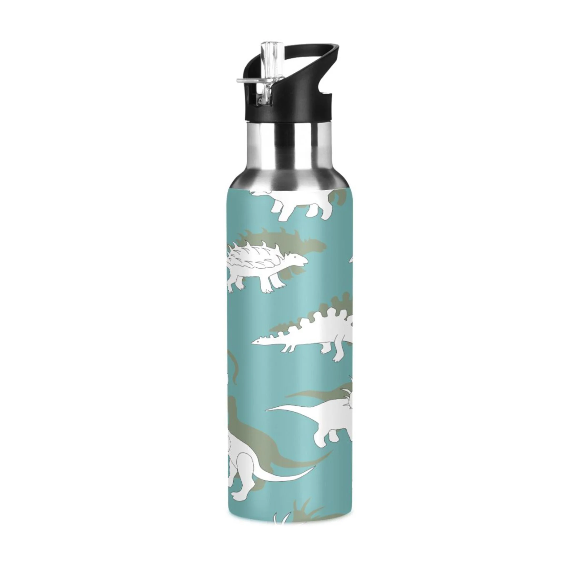 Stainless Steel Water Bottle White Dinosaurs with Straw Lid Vacuum Insulated Keeps Hot and Cold Leak Proof Flask Jug for Gym Travel Sports Cycling Outdoor 20 OZ