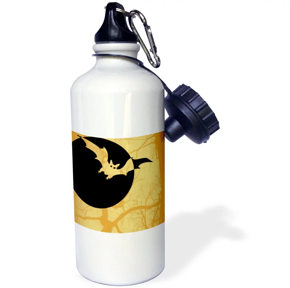 3dRose Orange Bat and Full Moon- Halloween Art- Spooky Designs, Sports Water Bottle, 21oz