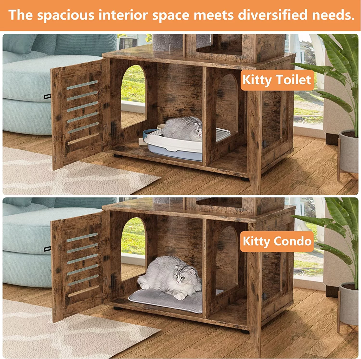 Recaceik Cat Litter Box Enclosure,Hidden Kitty Washroom,Multifuctional Enlarged Cat Litter Cabinet Cat House with Cat Tree Tower Scratching Post,Removable Divider,Rustic Brown