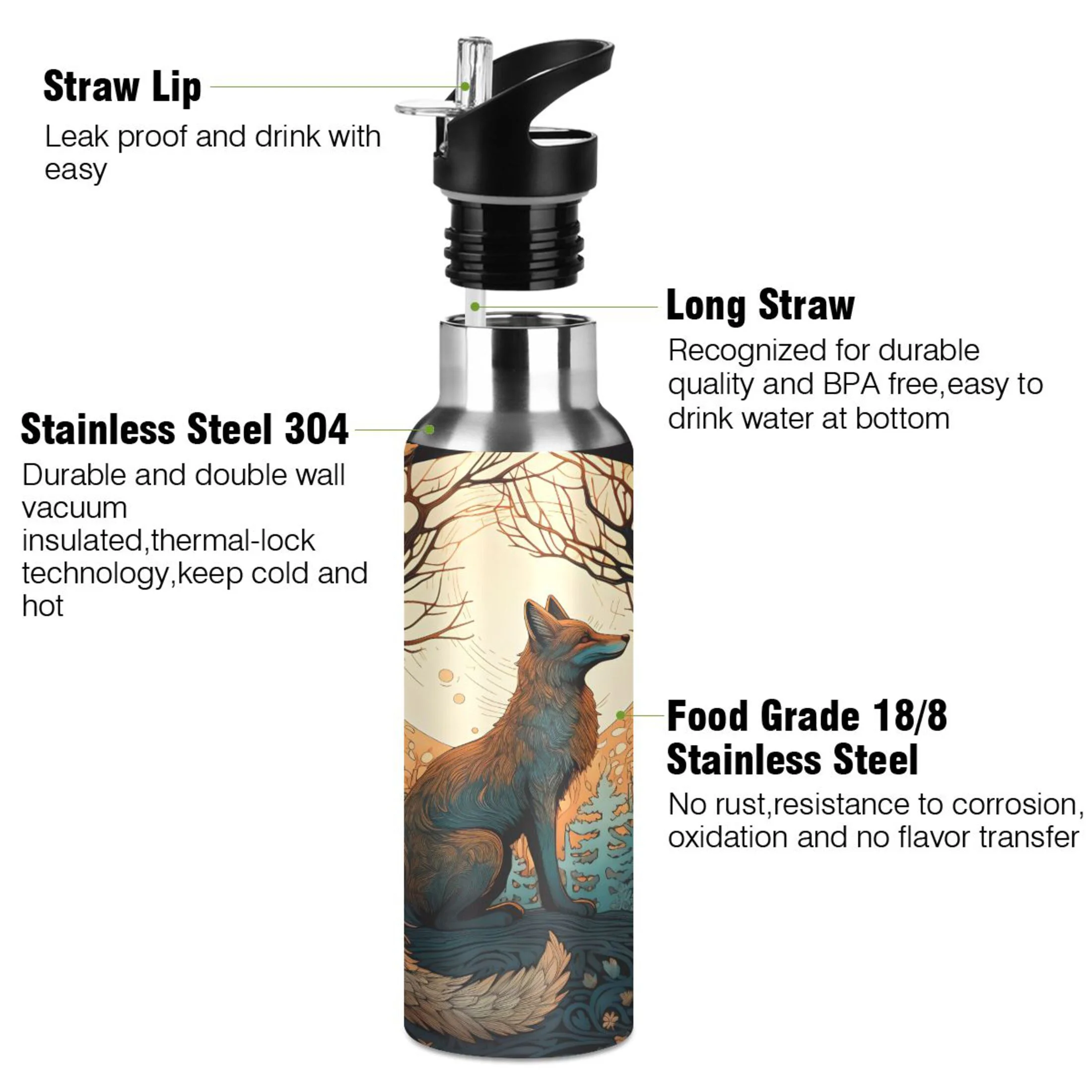 Water Bottle with Straw Lid Leak Wolf on Forest and Flowers Stainless Steel Insulated Thermos Vacuum Flask for Cold Hot Drinking for Sports Camping Gym Yoga