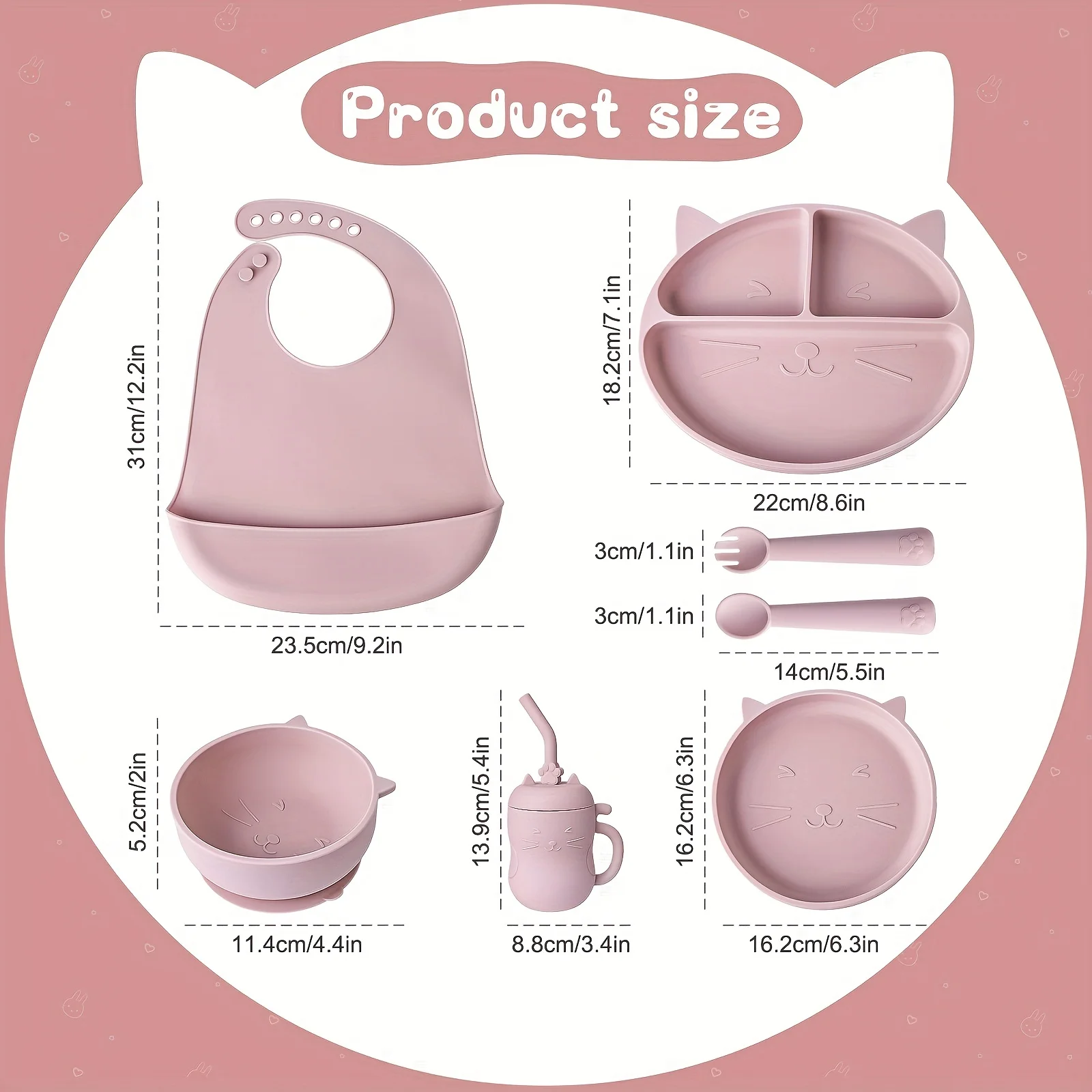 1/7pcs Silicone Feeding Set, Baby Cat Design Silicone Tableware, Toddlers Led Weaning Supplies With Suction, Bowl Divided Plate Adjustable Bib, Soft Spoon Fork Water Cup, TYRY.HU Unbreakable Dishes