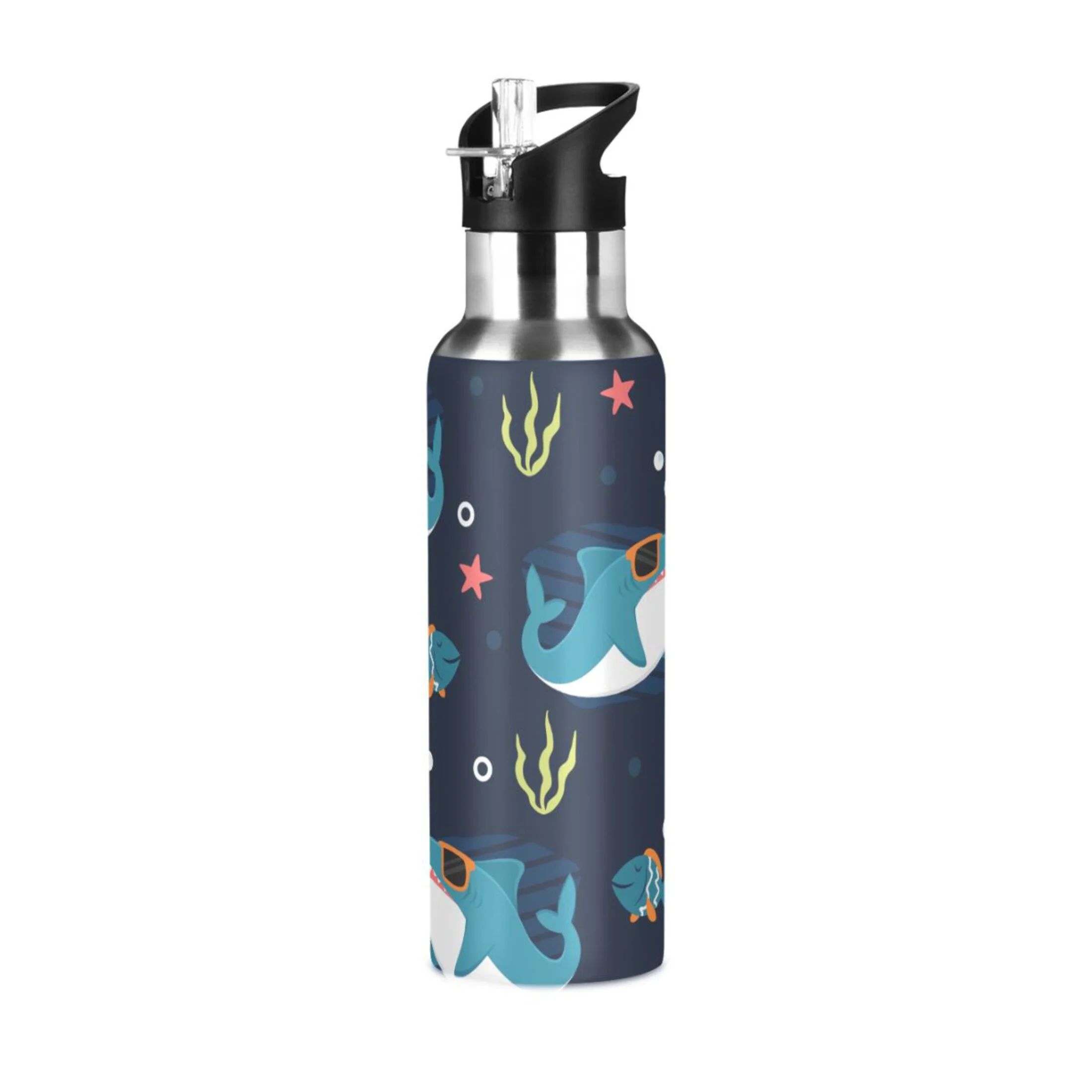 Water Bottle with Straw Lid Leak Cool Shark Cartoon Stainless Steel Insulated Thermos Vacuum Flask for Cold Hot Drinking for Sports Camping Gym Yoga