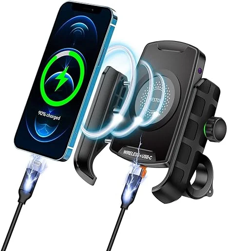 Motorcycle Wireless 15W Qi/USB Quick Charger 3.0 Phone Holder 2 in 1 Mount on 22-32mm Handlebar or Rear-View Mirror Fast Charging for 3.5-6.8 inch Cellphones(black)