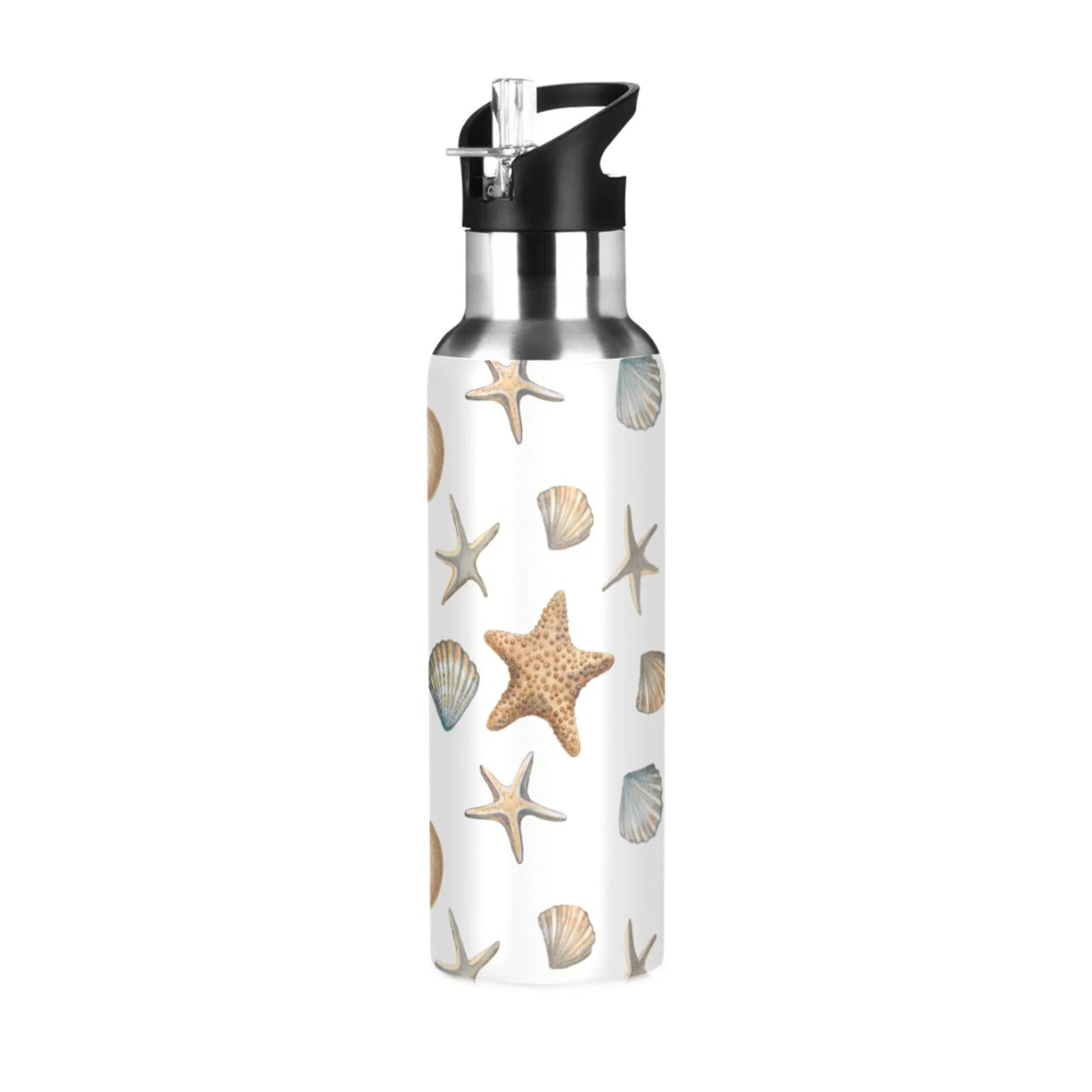 Seashells Seastars Water Bottles Insulated Thermos Kids Stainless Steel Bottle with Straw Lid Flask Leakproof for Sports Gym 20 oz