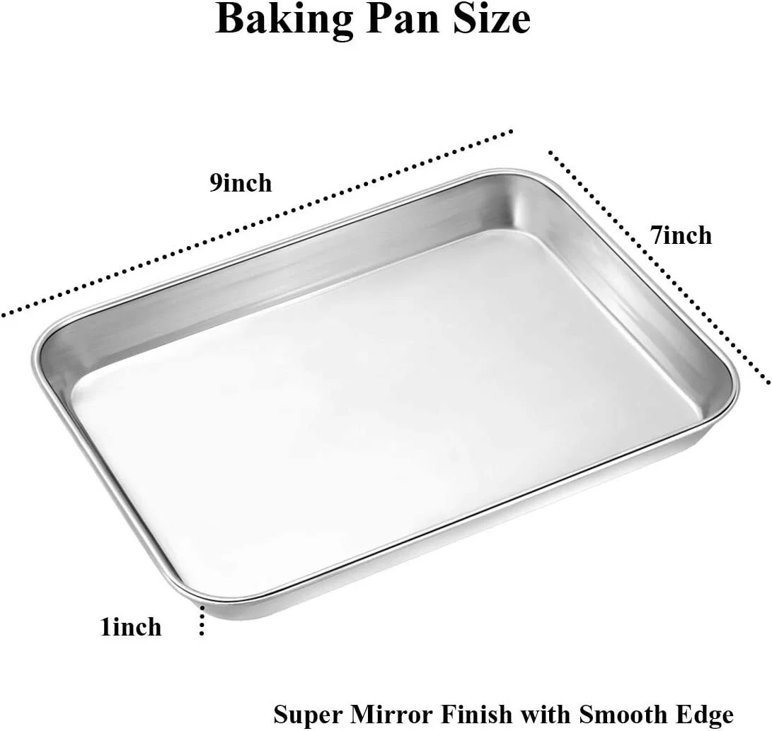 2 Pcs Sheet Pan Set Cookie Sheet Cooking Baking Sheet Toaster Oven Pans Stainless Steel Tray Barbeque Grill Pan Rectangle and Dishwasher Safe, 9 x 7 x 1 Inches