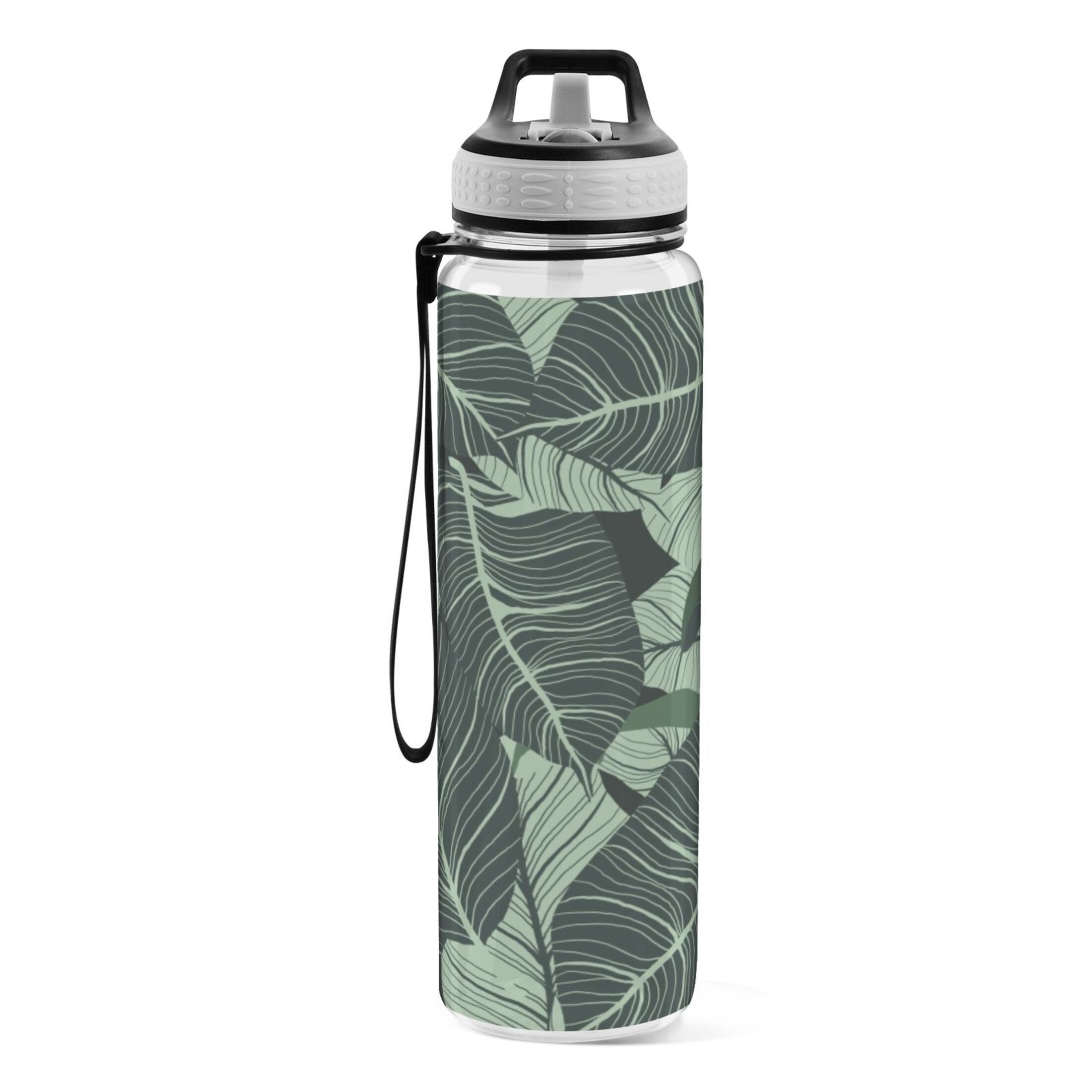 Tropical Green Leaves 32oz Water Bottles with Straw Tritan Leakproof Sports Bottle BPA Free Clear for Fitness Gym Swimming Cycling