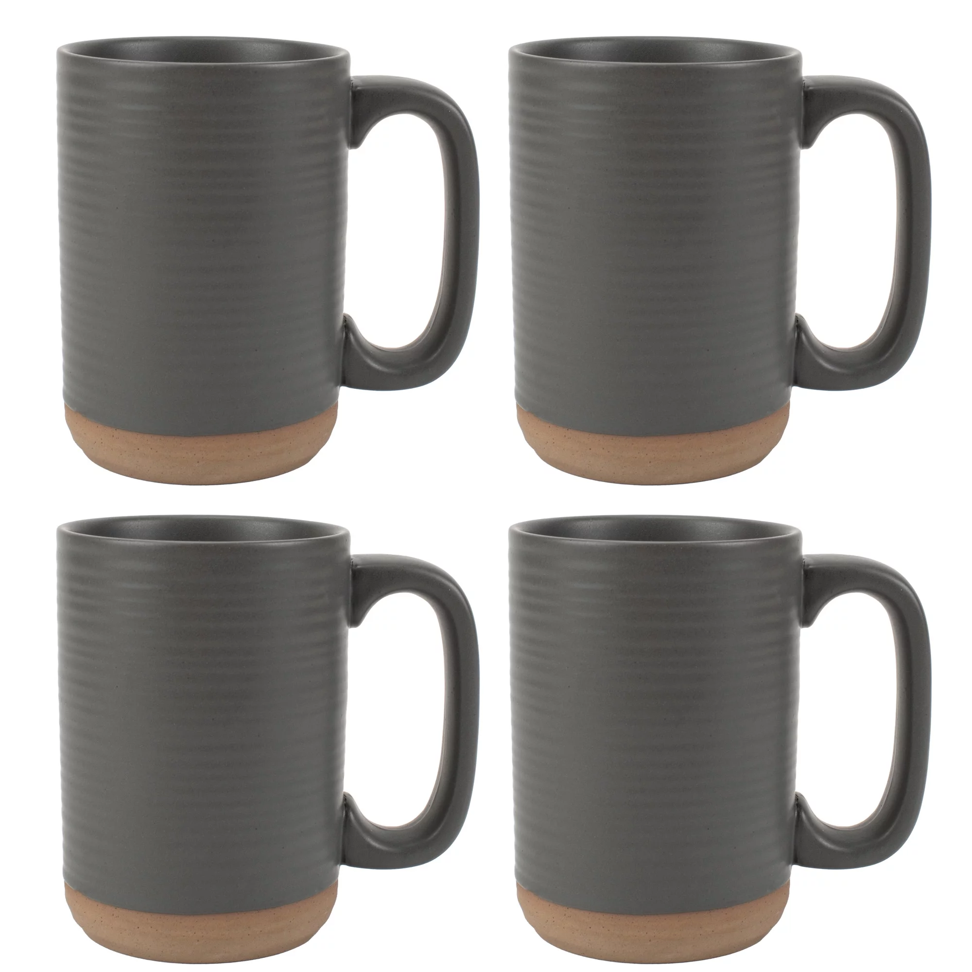 Elanze Designs Tall Ribbed Raw Clay Bottom Grey 16 ounce Ceramic Coffee Mugs Set of 4