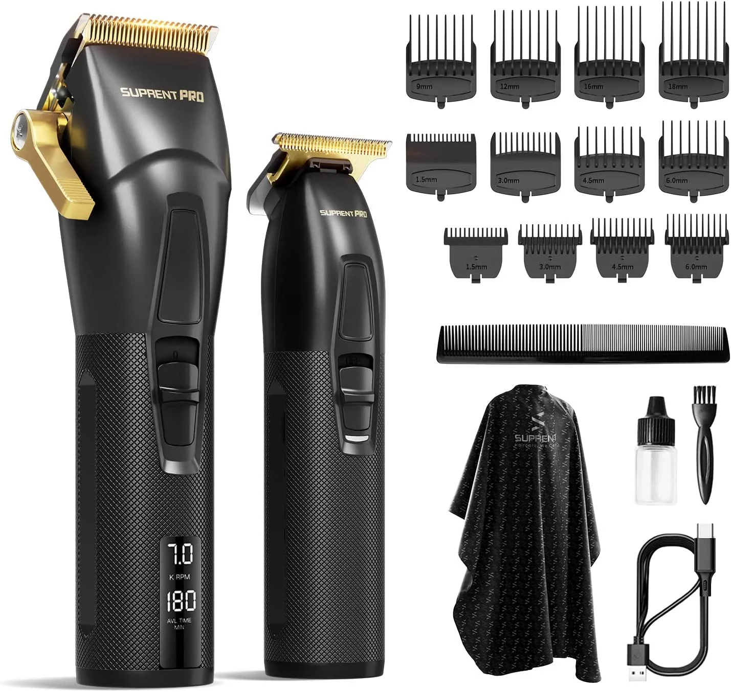 SUPRENT® Professional Hair Clippers for Men, USB-C Rechargeable Barber Hair Trimmer & T-Blade Trimmer Combo