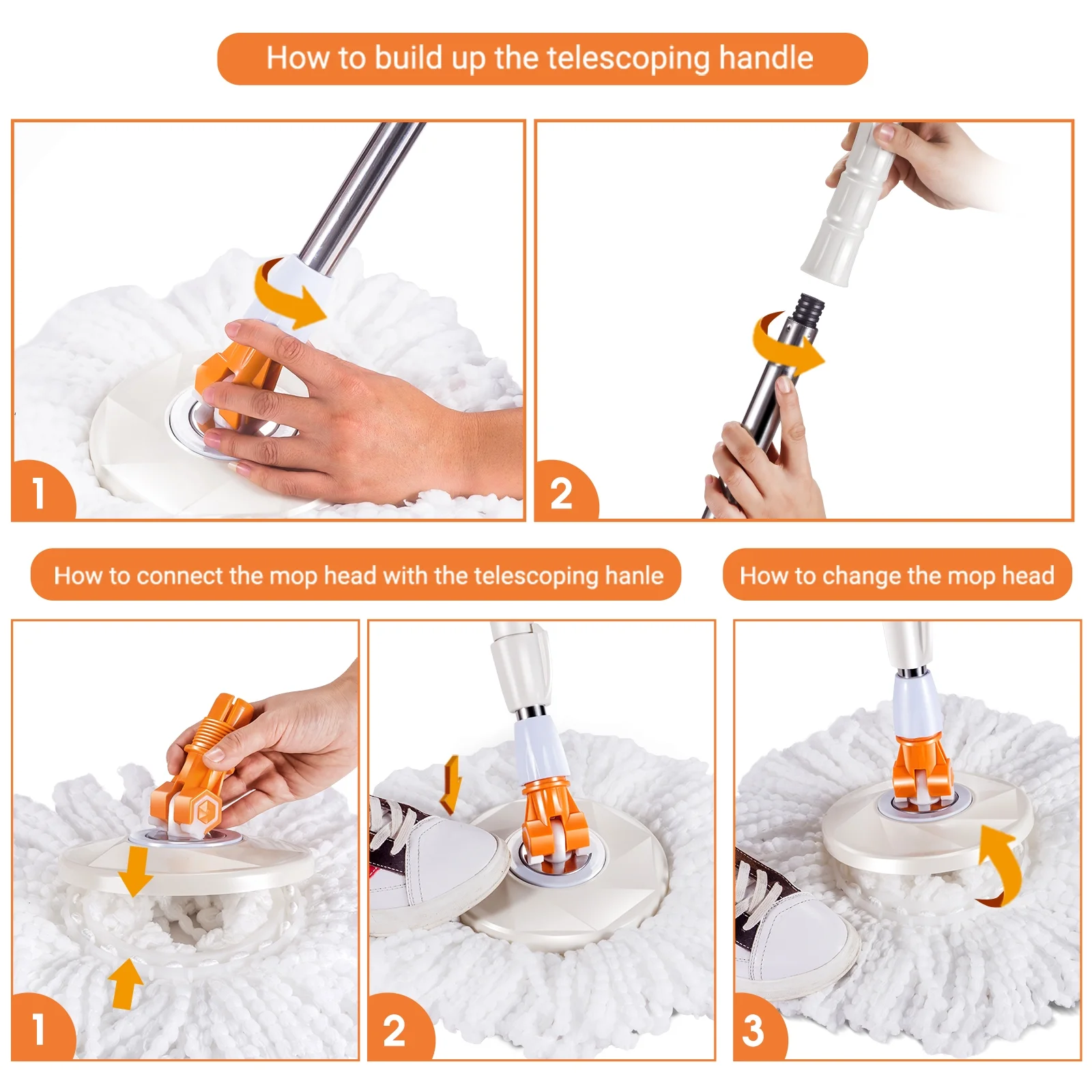 Masthome Spin Mop and Bucket System with Wringer, Separates Dirty and Clean Water, 4 Microfiber Pads