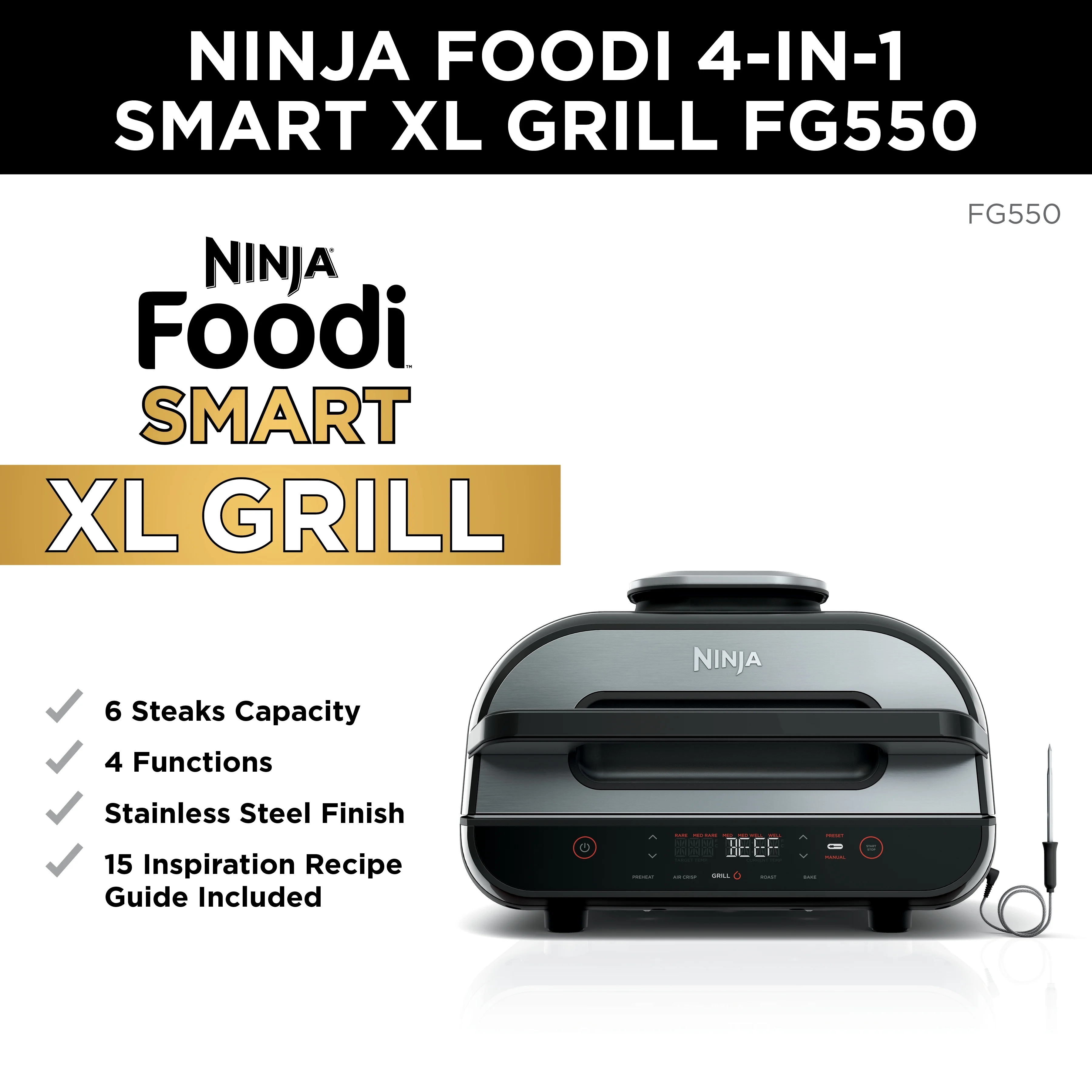Ninja Foodi Smart XL 4-in-1 Indoor Grill with 4-Quart Air Fryer, Roast, Bake, and Smart Cook System, FG550