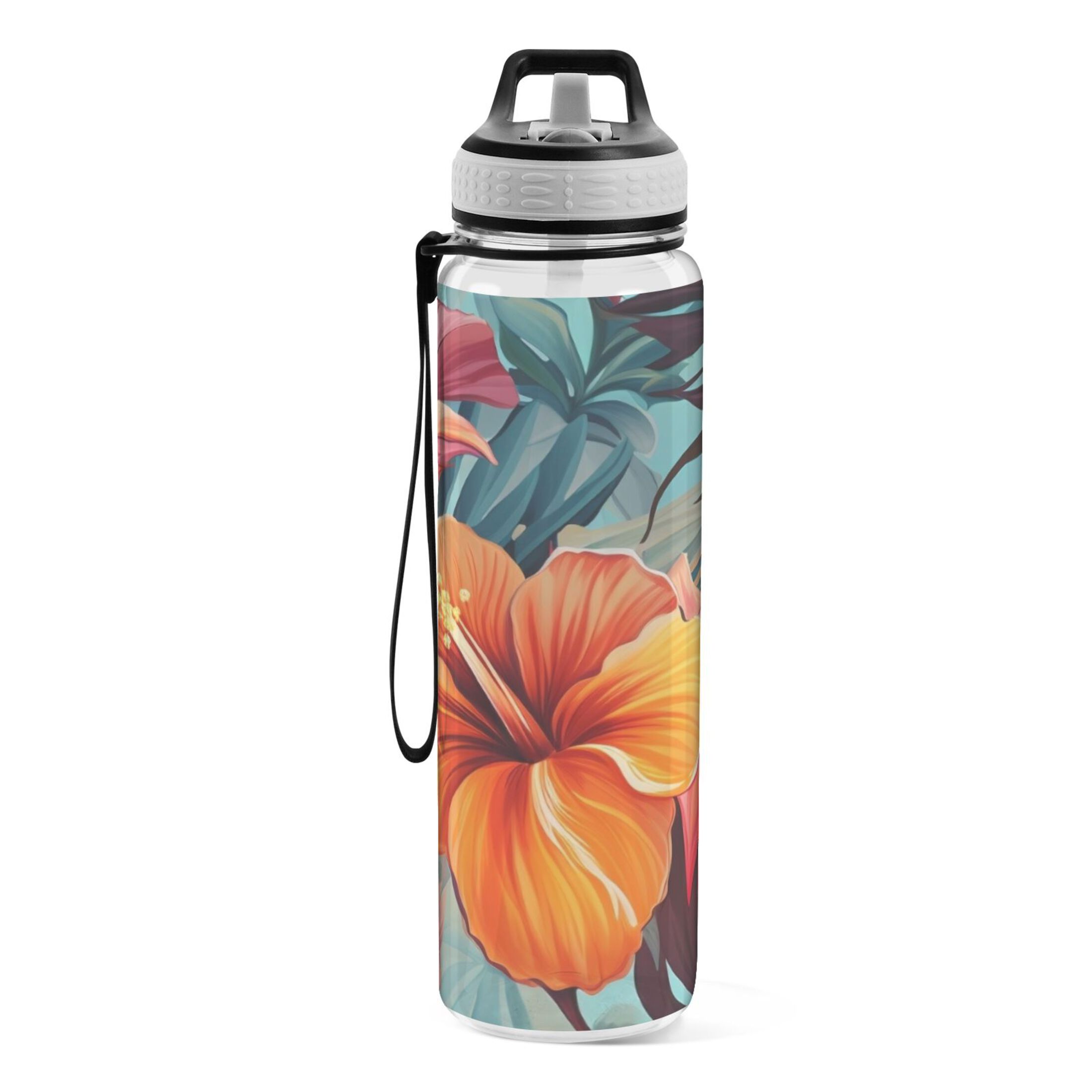 Lily Flowers Orange 32oz Water Bottles with Straw Tritan Leakproof Sports Bottle BPA Free Clear for Fitness Gym Swimming Cycling
