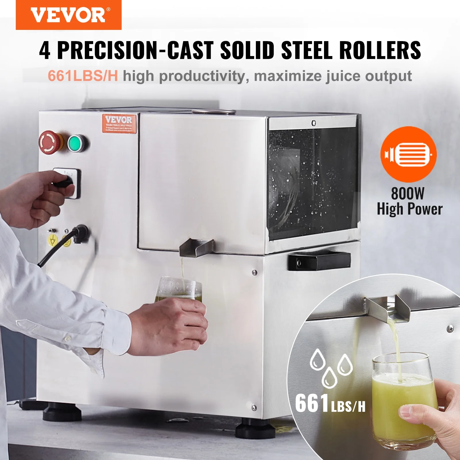 SKYSHALO 800W Electric Sugar Cane Juicer 661LBS/H Output 4 Rollers 2.4