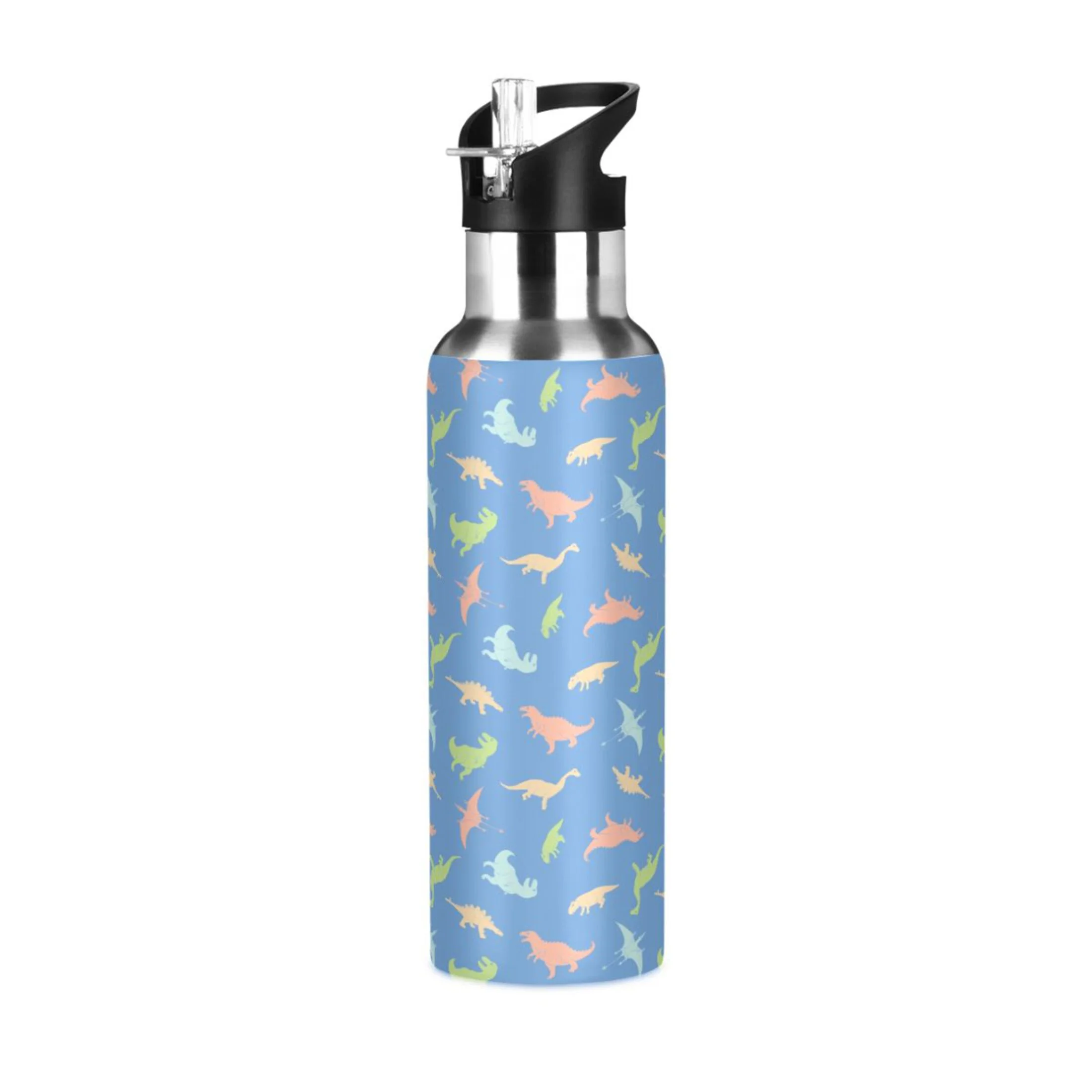 Stainless Steel Water Bottle Cute Cartoon Dinosaurs with Straw Lid Vacuum Insulated Keeps Hot and Cold Leak Proof Flask Jug for Gym Travel Sports Cycling Outdoor 20 OZ