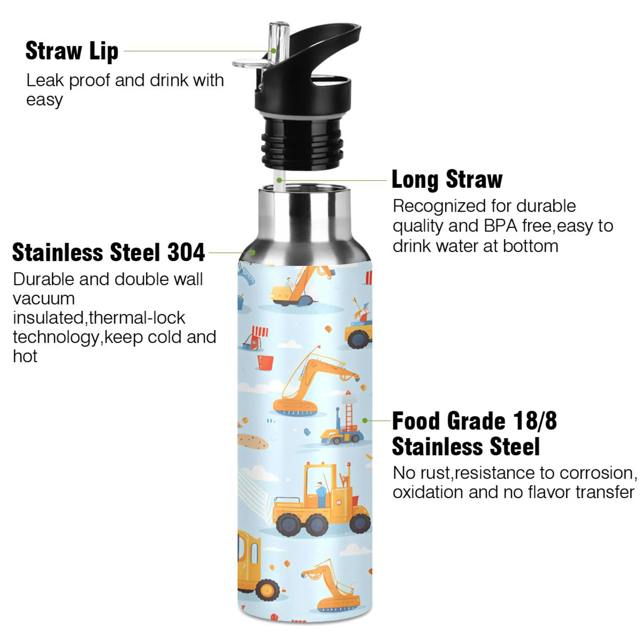 Water Bottle with Straw Lid Leak Cartoon Truck Excavator Blue Stainless Steel Insulated Thermos Vacuum Flask for Cold Hot Drinking for Sports Camping Gym Yoga