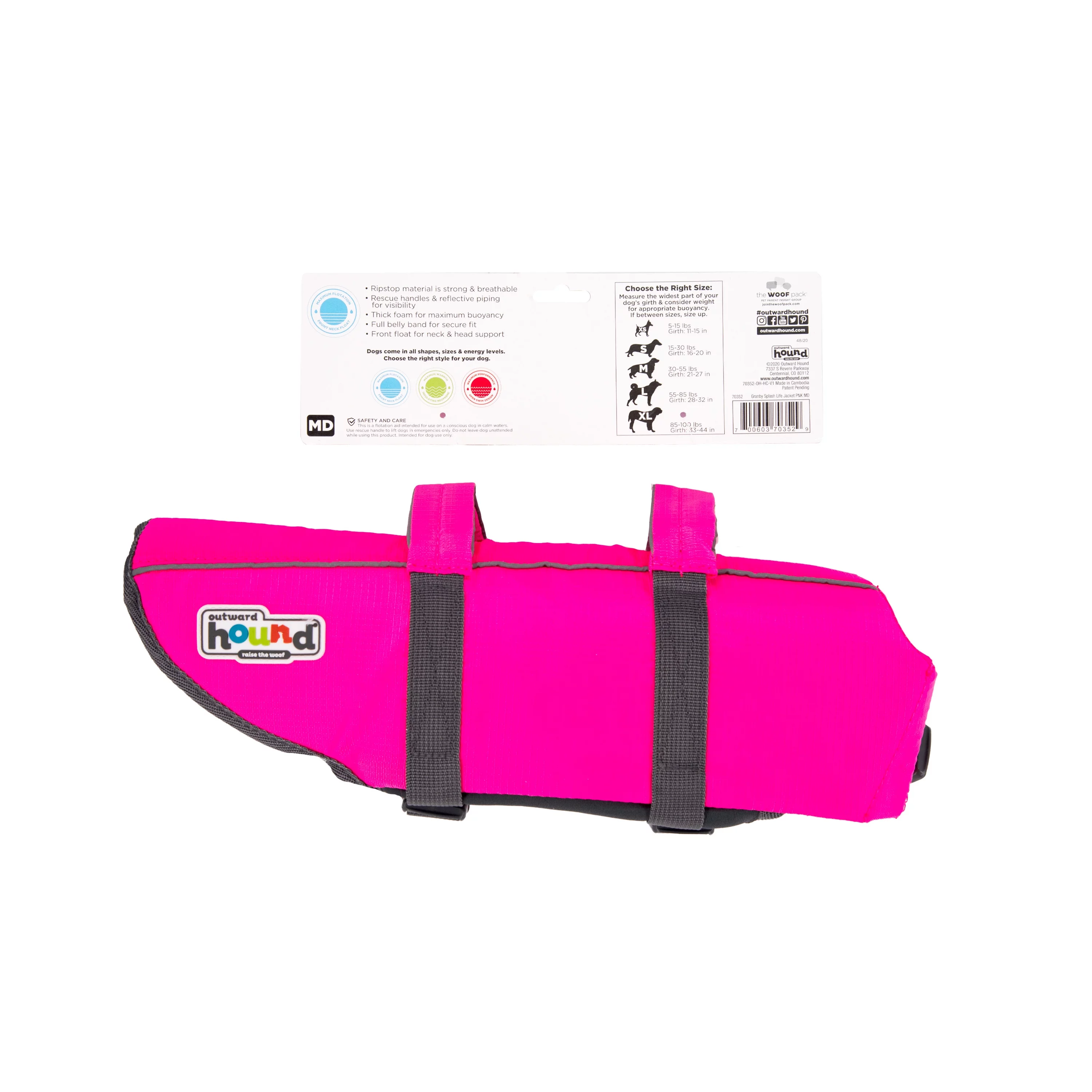 Outward Hound Granby Splash Dog Life Jacket, Pink, Medium