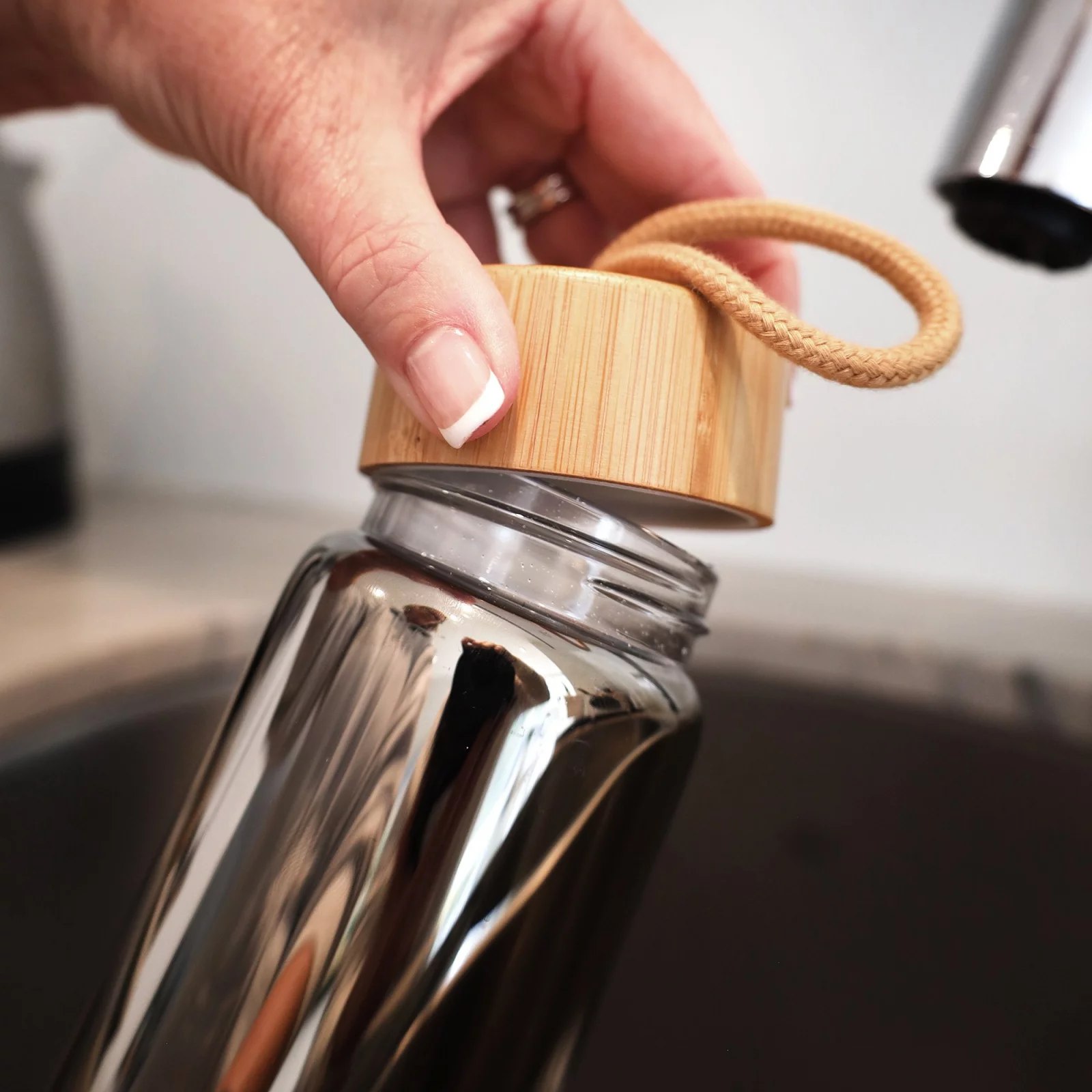 23oz Beille Chrome Glass BPA Free Water Bottle with Bamboo Lid Hydration Health and Beauty