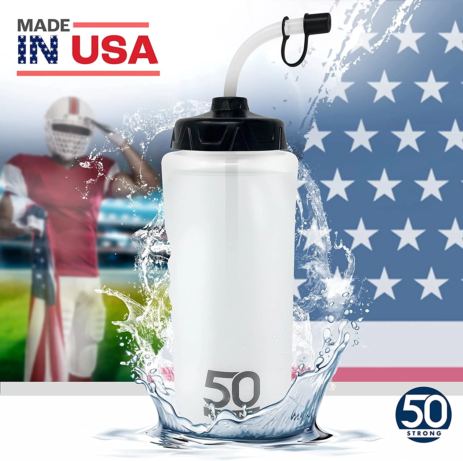 50 Strong 1L Clear Sports Water Bottle with Straw, Easy Squeeze + Finger Grip, BPA-Free, Made in USA (6 Pack)