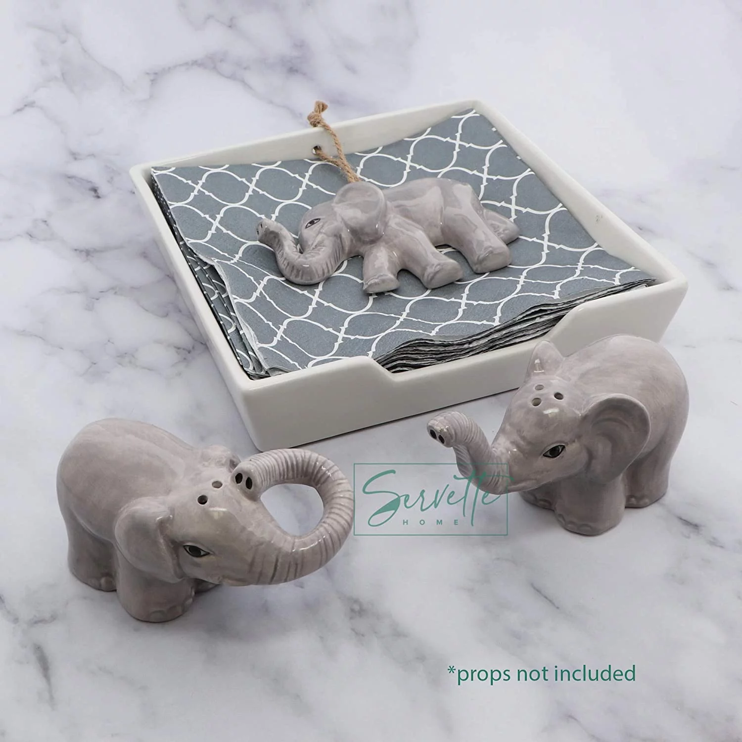 Servette Home Elephant Shaped Salt and Pepper Shakers Set with White Ceramic Napkin Holder - Unique Kitchen Accessories