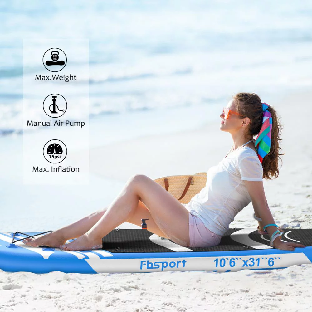 Fbsport 11ft Inflatable Paddle Board SUP, 6'' Thick W/Paddling Fins Pump & Accessories Pack, Lake Blue