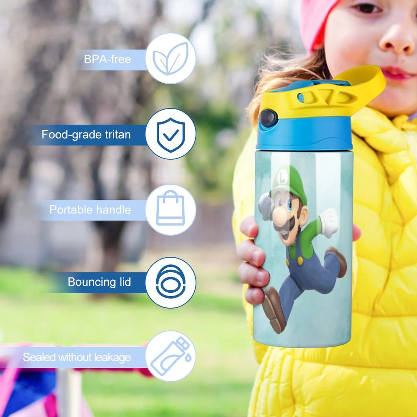 Luigi's Mansion Kid's Insulated Water Bottle With Straw Vacuum Stainless Steel Cup Leak-Proof Children Toddler Thermoses