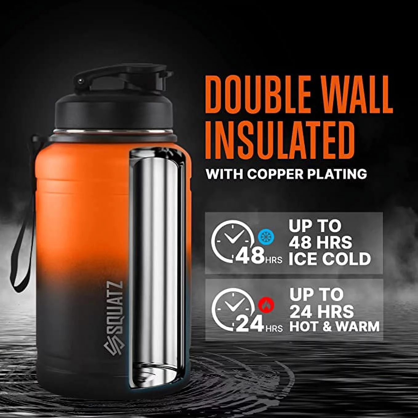 Squatz 74 Oz Neptune Series Steel Water Bottle, Stainless Double Wall Vacuum Jug W/ Handle Strap