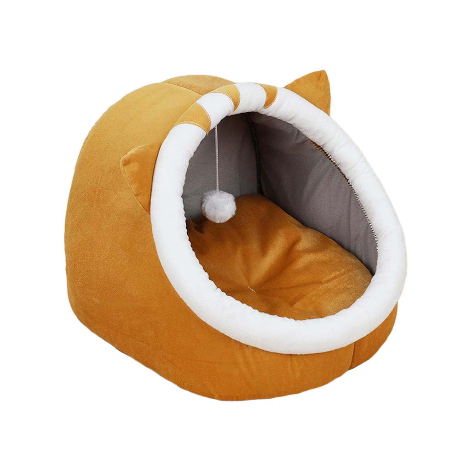 Cat Bed Cave Pet Beds House Tents Blanket Washable Crate with Hanging Balls Warm Kennel Hut for Dog Accessories Kittens , Yellow Cat, L L