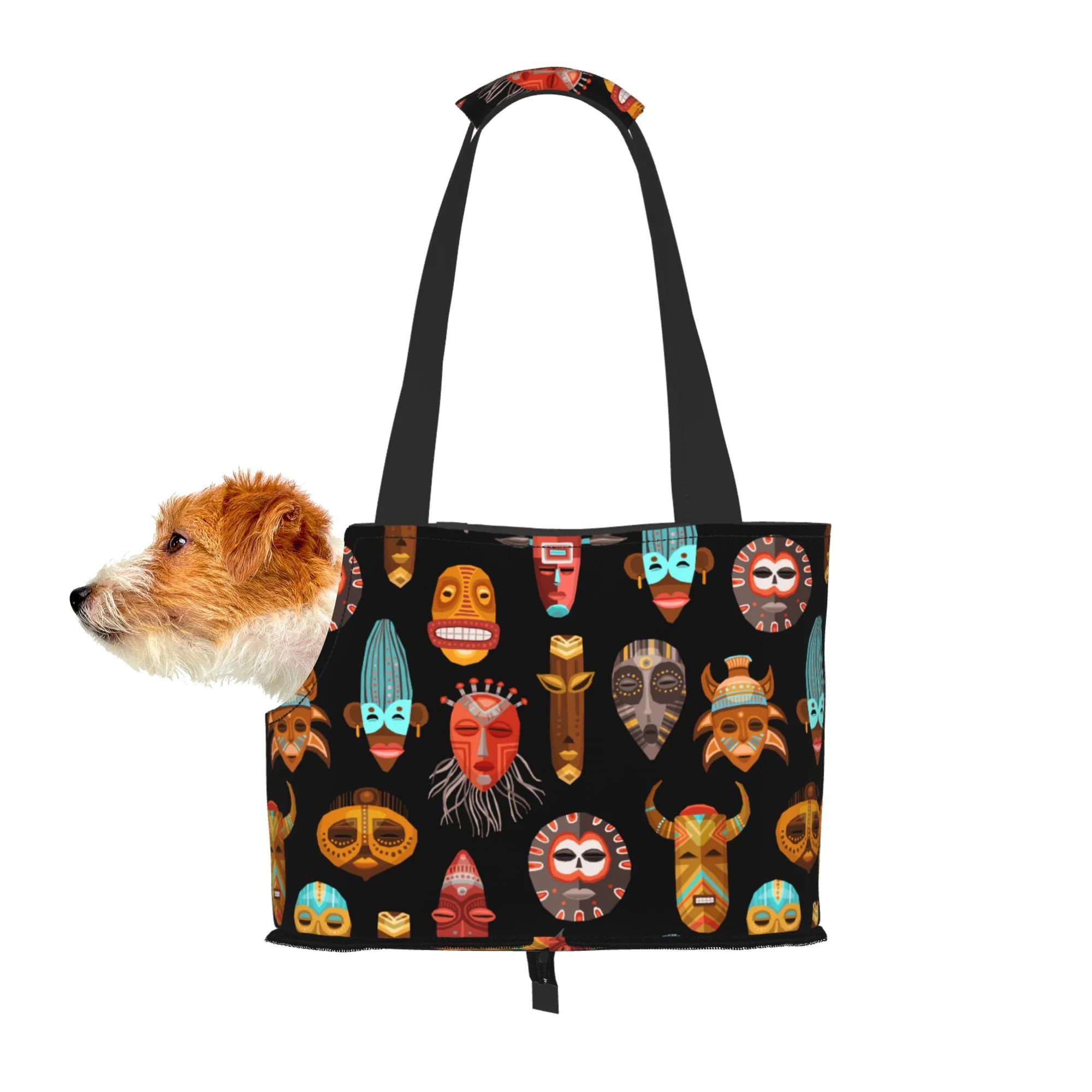 TEQUAN Foldable Dog Purse Carrier, Collapsible African Ethnic Tribal Masks Prints Pet Travel Tote Bag for Small Cat Puppy, Waterproof Dog Soft-Sided Carriers