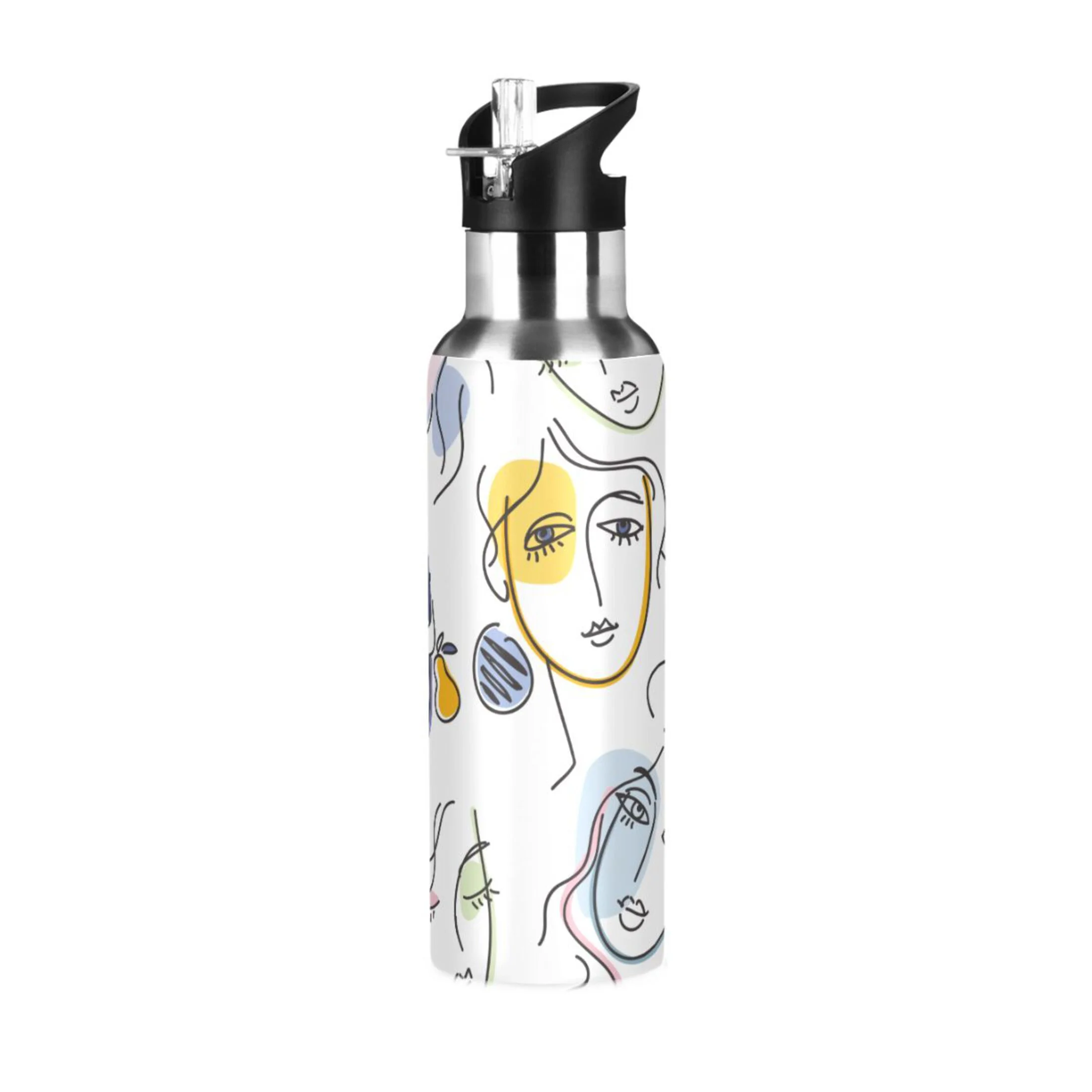 Water Bottle with Straw Lid Leak Trendy Abstract Portraits Women Stainless Steel Insulated Thermos Vacuum Flask for Cold Hot Drinking for Sports Camping Gym Yoga