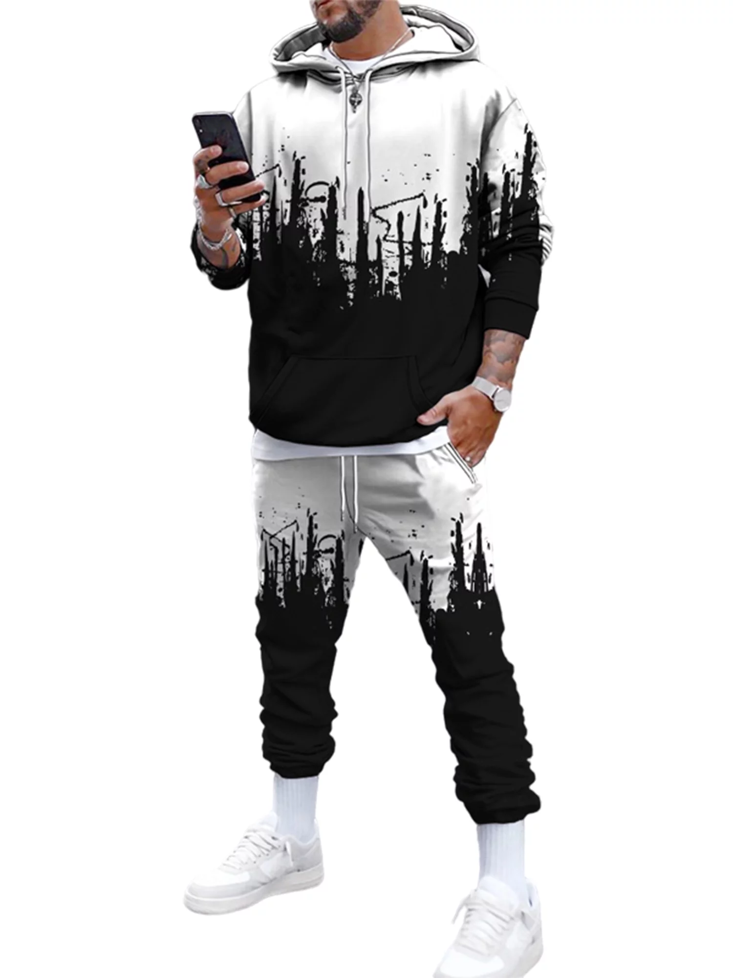Avamo Mens Tracksuit 2 Piece Outfit Autumn Casual Splash Ink Print Hoodies Sweatshirt Active Sport Jogger Tracksuit