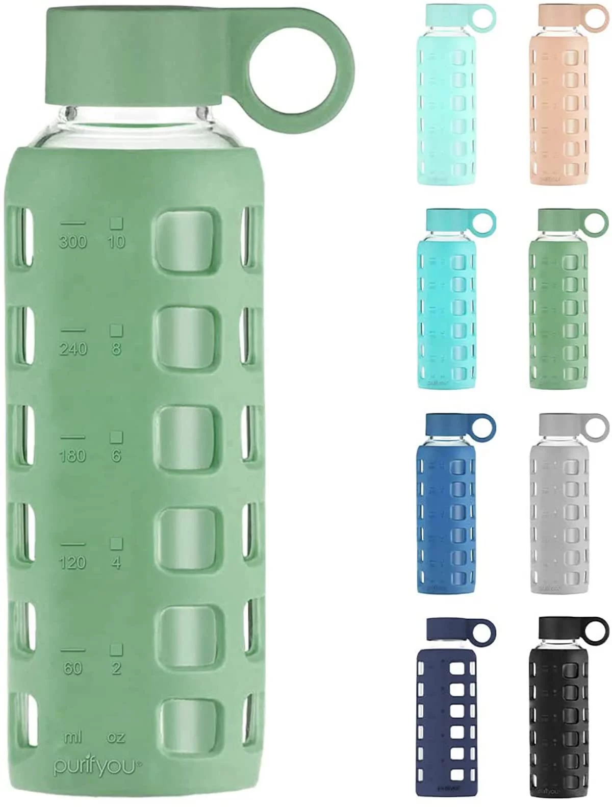purifyou Premium 12 oz Reusable Glass Water Bottles with Time and Volume Markings, Non-Slip Silicone Sleeve & Stainless Steel Lid Insert, for Water, Milk, Juice